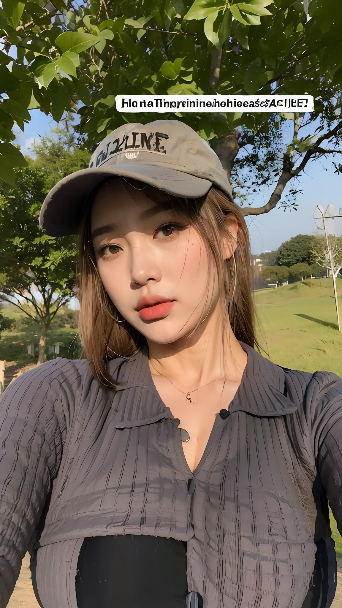 there is a woman that is taking a selfie with her cell phone, wearing a chocker and cute hat, profile pic, with sunset, a young asian woman, 🤤 girl portrait, south east asian with round face, inspired by Ion Andreescu, with round face, nivanh chanthara, asian face, wearing baseball cap, selfie of a young woman, (((((huge boobs)))))
