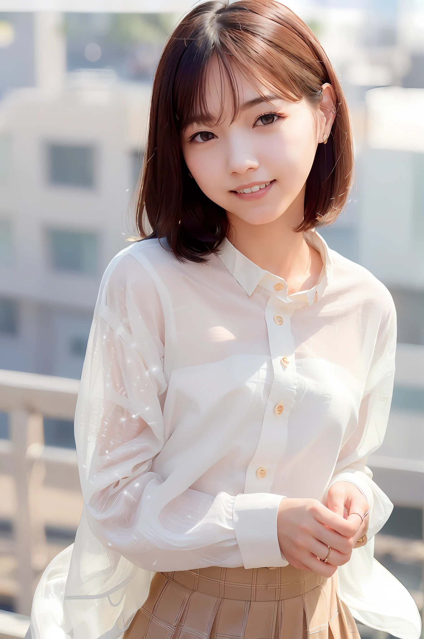 (Skin scars: 1.2), (Skin dents), Black eyes, 1 woman, 25 years old, ((((Female))), Solo, Realistic, Best Quality, Photorealistic, Masterpiece, 8K, High Resolution, Solo, Highly Detailed Face, (Professional Lighting, Bokeh), (Light Particles, Lens Flare, Luminous Particles: 0.6), (Dynamic Pose: 1.2), Soft Lighting, Angle View from Above Fashionable and trendy atmosphere, Japan, street, Tokyo, city, ((daytime)), sky, wire cable, (((viewer: 1)), (looking at camera), (portrait: 0.6), cowboy shot, gorgeous, standing, keeping original facial proportions, wide shoulders, full body, (small) chest), (medium hair), brown hair, floating hair, lips, lipstick, seductive smile, floating hair, smile, mouth open, teeth, (white blouse), (jumper skirt), eyelashes, moles, (moles under eyes: 1), see-through, NSFW, pulling up clothes, showing breasts
