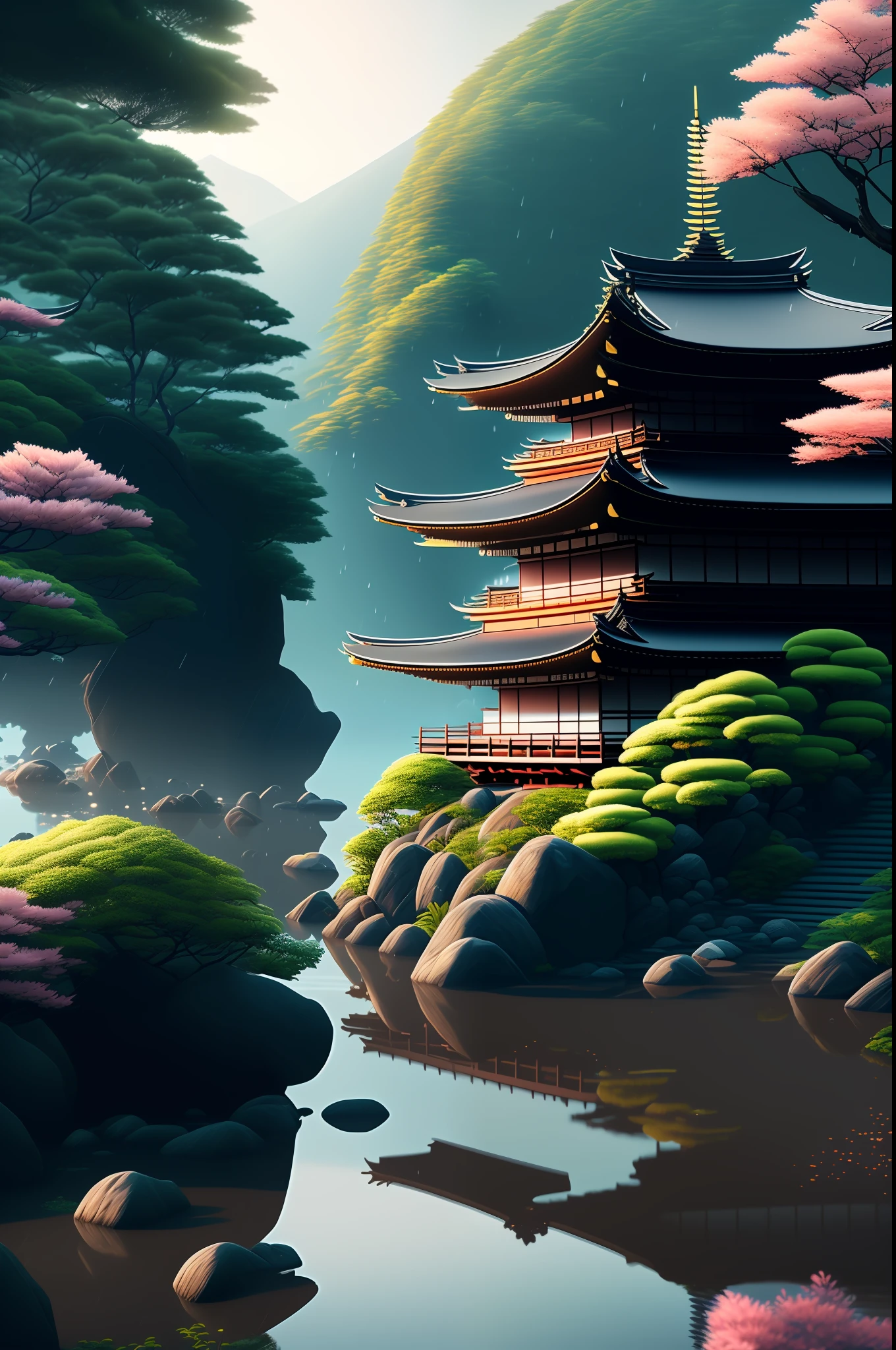 estilovintedois, (very detailed CG unity 8k wallpaper), (masterpiece), (best quality), (realistic), ((best quality)), ((ultra-detailed)), rural Japan, Japan, summer, rain, sharp, rule of thirds