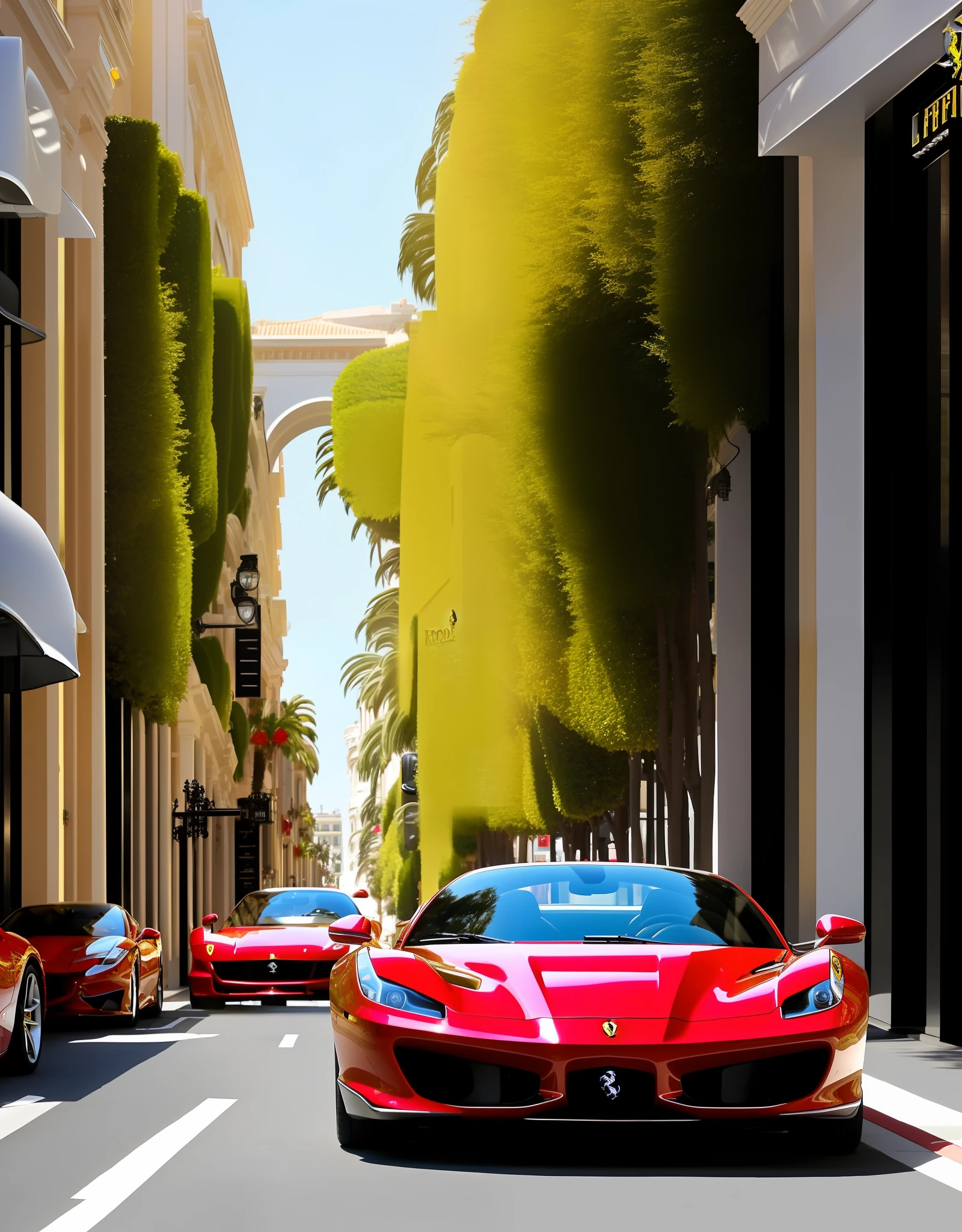 1.2) "A luxurious Ferrari is parked on the famous Rodeo Drive. The car is perfectly detailed with shining red paint and sleek curves. The surrounding buildings and streets are filled with high-end designer shops and luxury boutiques. The scene is bathed in golden sunlight, creating a warm and inviting atmosphere."