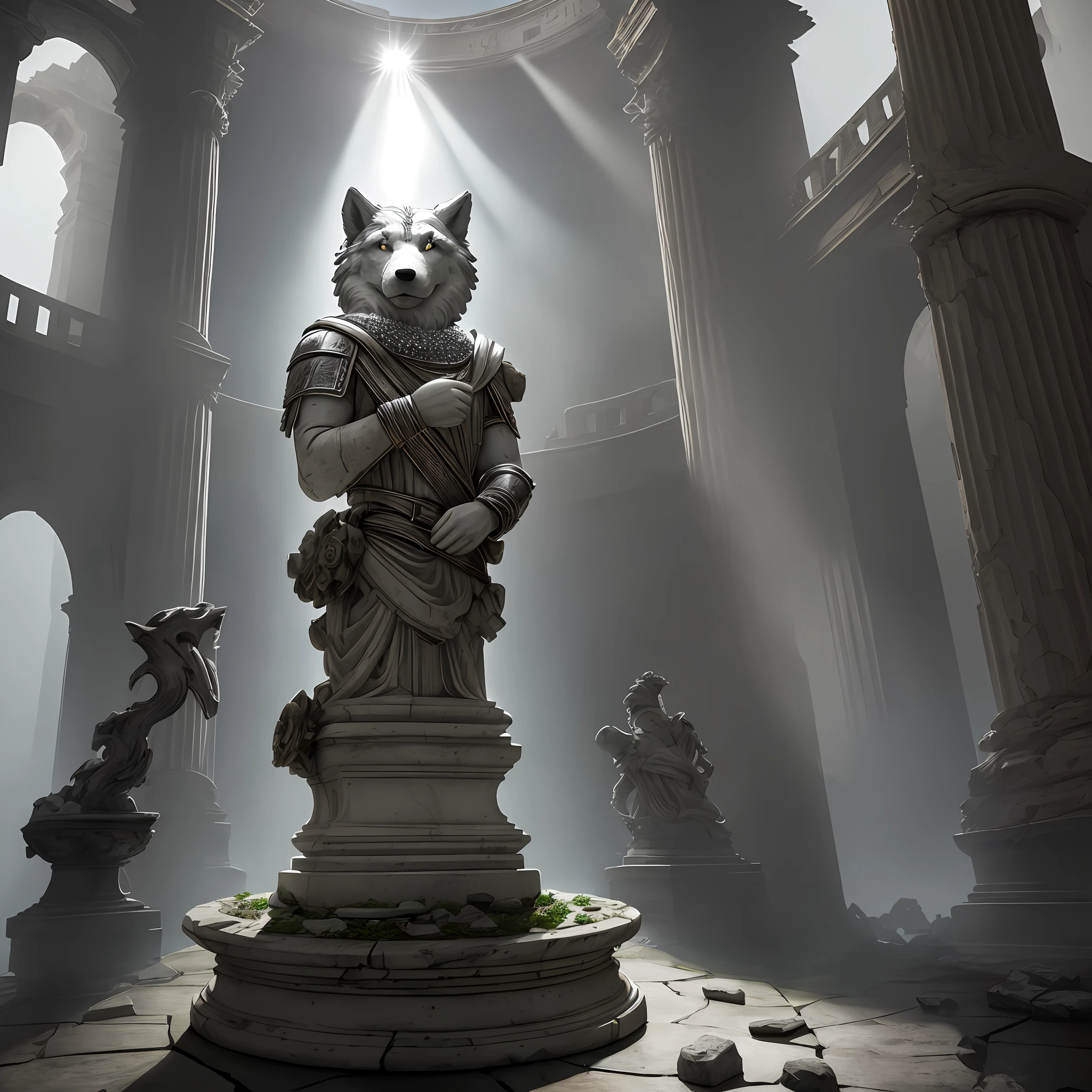 Focus on a single ((crumbling)) marble (bust) statue of an anthropomorphic wolf ((wearing plate mail)), (((solo))), decaying roses at the base, broken, ((cracked)), urn, roman vase, moldy, illuminated by beam of sunlight, closed Colosseum chamber, dark atmosphere, shadows, dark, gloomy, decay, roman mythology, marble, pillars, cracked granite, dust, (rubble)