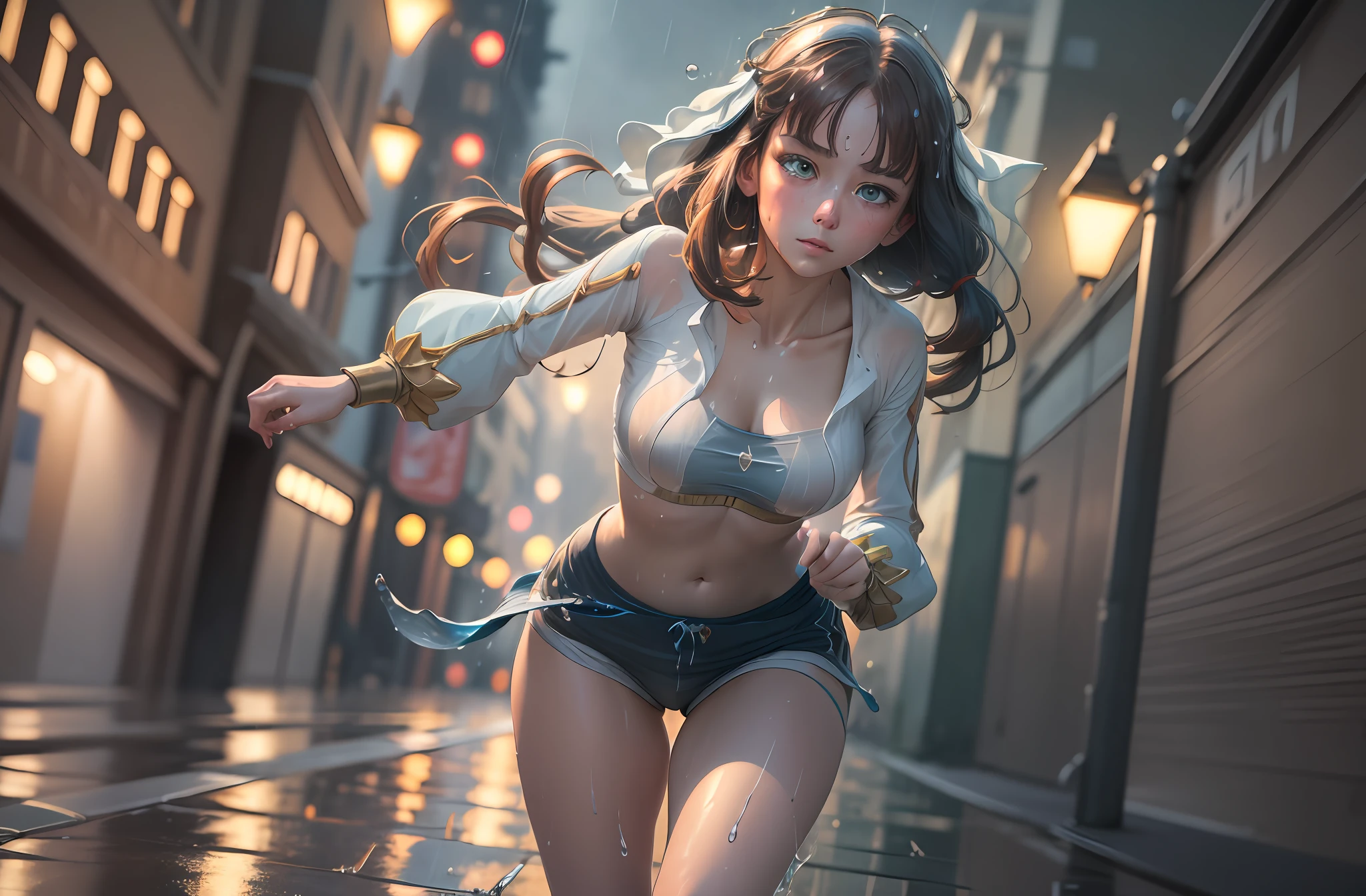 ((Masterpiece)), best quality, ultra-detailed, extremely detailed CG unity 8k wallpaper, an extremely delicate and beautiful, (1 girl) running in the rain, dynamic angle, dynamic pose, wet hair, wet clothes, drops of rain, street lights, dramatic lighting, low saturation, (romantic:0.7|sad:0.6) mood.