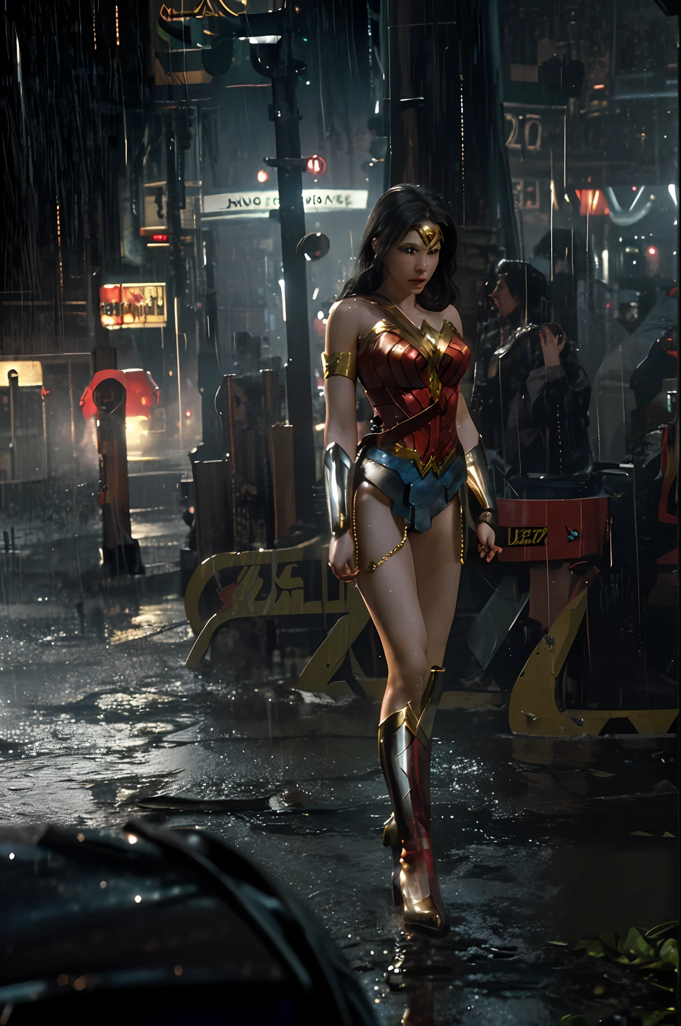 Photo of a wonder woman in a city street , inside a car ,(Sexy Wonder Woman Outfit:1.4), Red Bustier, Wrist Gauntlet, Golden Tiara, Obedience Bracelet, Bullet Bounce Cuffs, (skinindentation), High-detail skin, delicate skin, strong and realistic blue eyes, realistic black hair, lips, makeup, natural skin texture, slightly sunburned skin tone, mature, sexy, elastic muscles, (muscles: 1.2), long legs, curves, thick thighs, wide buttocks, thin legs, (big breasts: 1.2), thin waist, soft waist, (swollen lips: 0.9), (eyelashes: 1.2), very delicate muscle definition, ( cinematic look :1.4), soothing tones , insane details , intricate details , hyperdetailed , low contrast , soft cinematic light,( dim colors :0.6). hdr , raw , slate gray atmosphere, smiling, (raining outside :1.2), wet glass,
