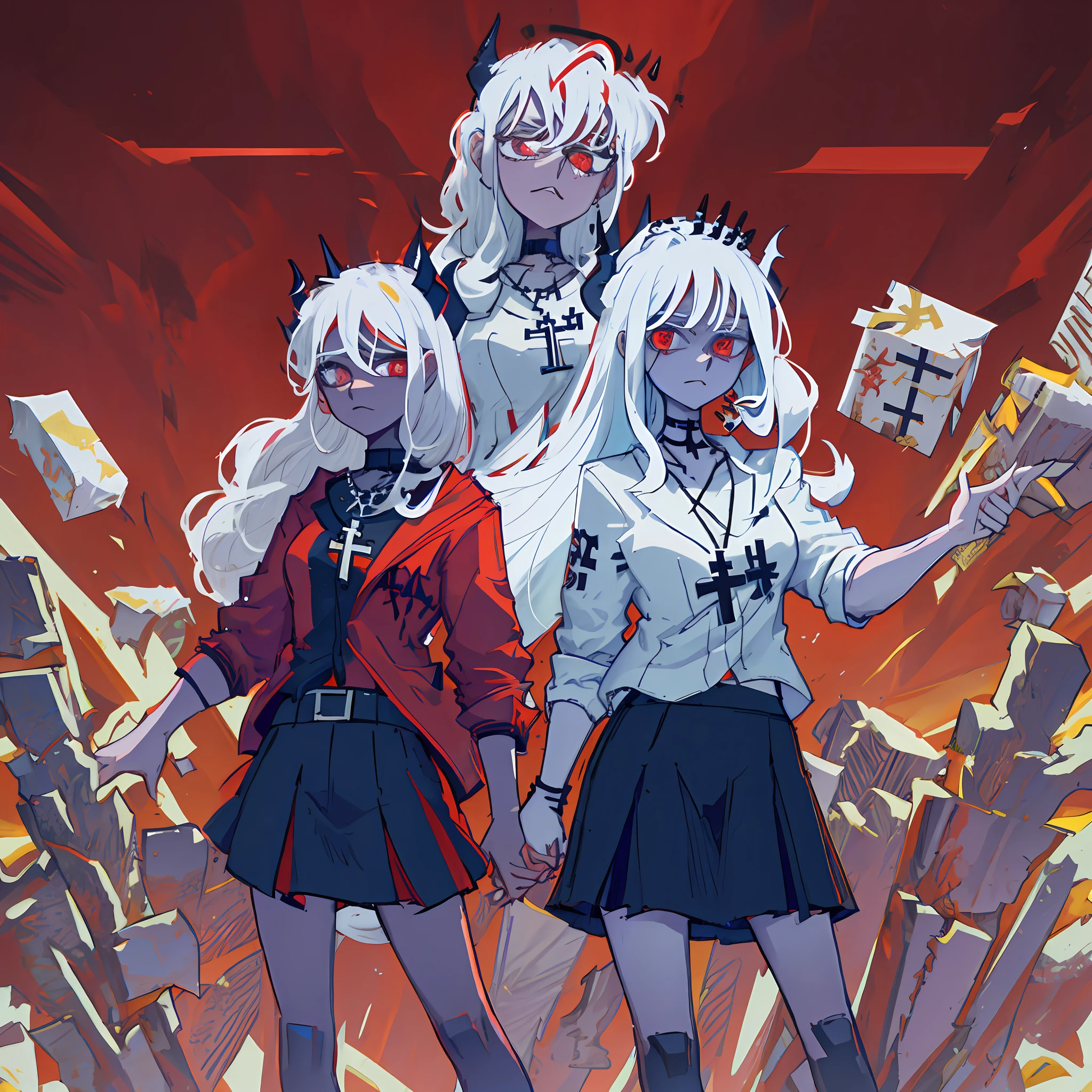 masterpiece, best quality, zdrada \(helltaker\), horns, white hair, demon girl, 1girl, full body, secretary outfit, black skirt, pantyhose, white shirt, heels, demon horns, breasts, red eyes, short hair, black horns, hair over one eye, piercing, jewelry, tail, demon tail, cross, choker, lip piercing, necklace, large breasts, cross necklace
