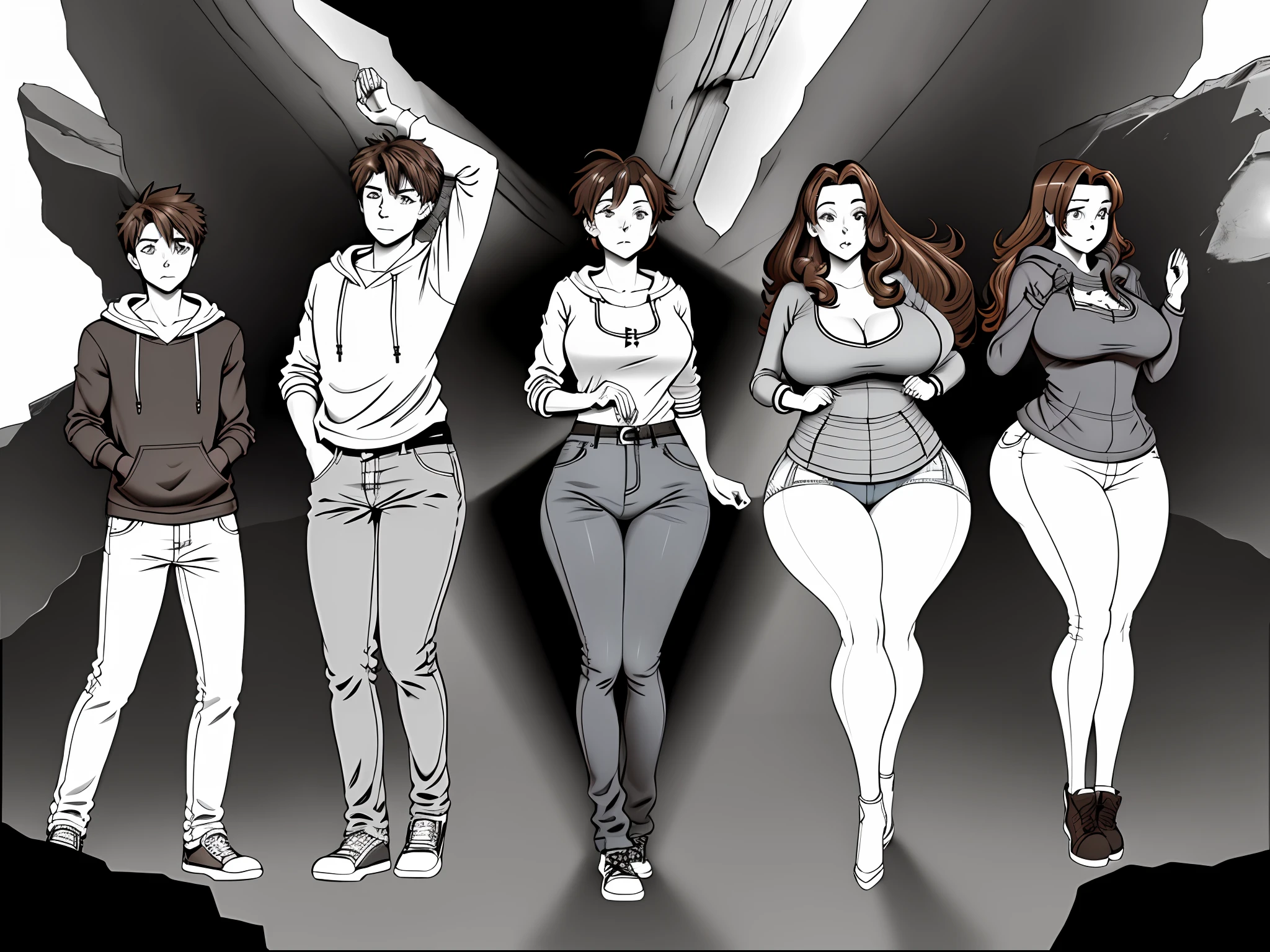 5seq, transformation sequence (masterpiece, high quality, lineart, monochrome), (skinny man with brown hair and wearing an oversized open hoodie and tight jeans), (woman with voluptuous body), cliff side trail, facing forward