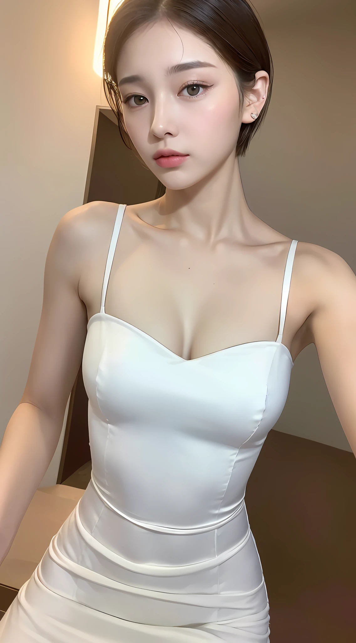 ((Best Quality, 8K, Masterpiece: 1.3)), 1girl, Slim Abs Beauty: 1.3, (Short hair, Big breasts: 1.2), Dress: 1.1, Super fine face, Delicate eyes, Double eyelids, white cat ear-like bow