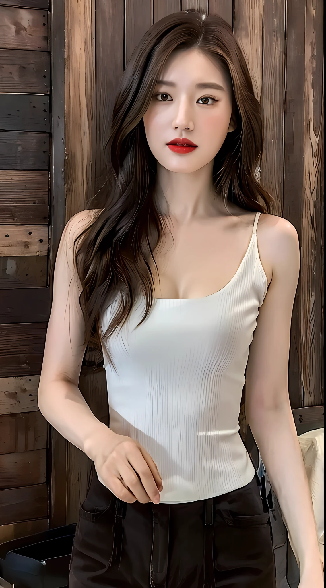 ((Best quality, 8k, Masterpiece :1.3)), A pretty woman with perfect figure :1.4, Slender abs :1.3, ((Dark brown hair, Big breasts :1.2)), Highly detailed face and skin texture, Detailed eyes, Double eyelid