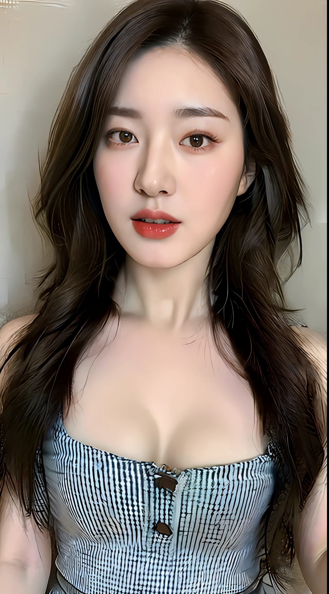 ((Best quality, 8k, Masterpiece :1.3)), A pretty woman with perfect figure :1.4, Slender abs :1.3, ((Dark brown hair, Big breasts :1.2)), Highly detailed face and skin texture, Detailed eyes, Double eyelid