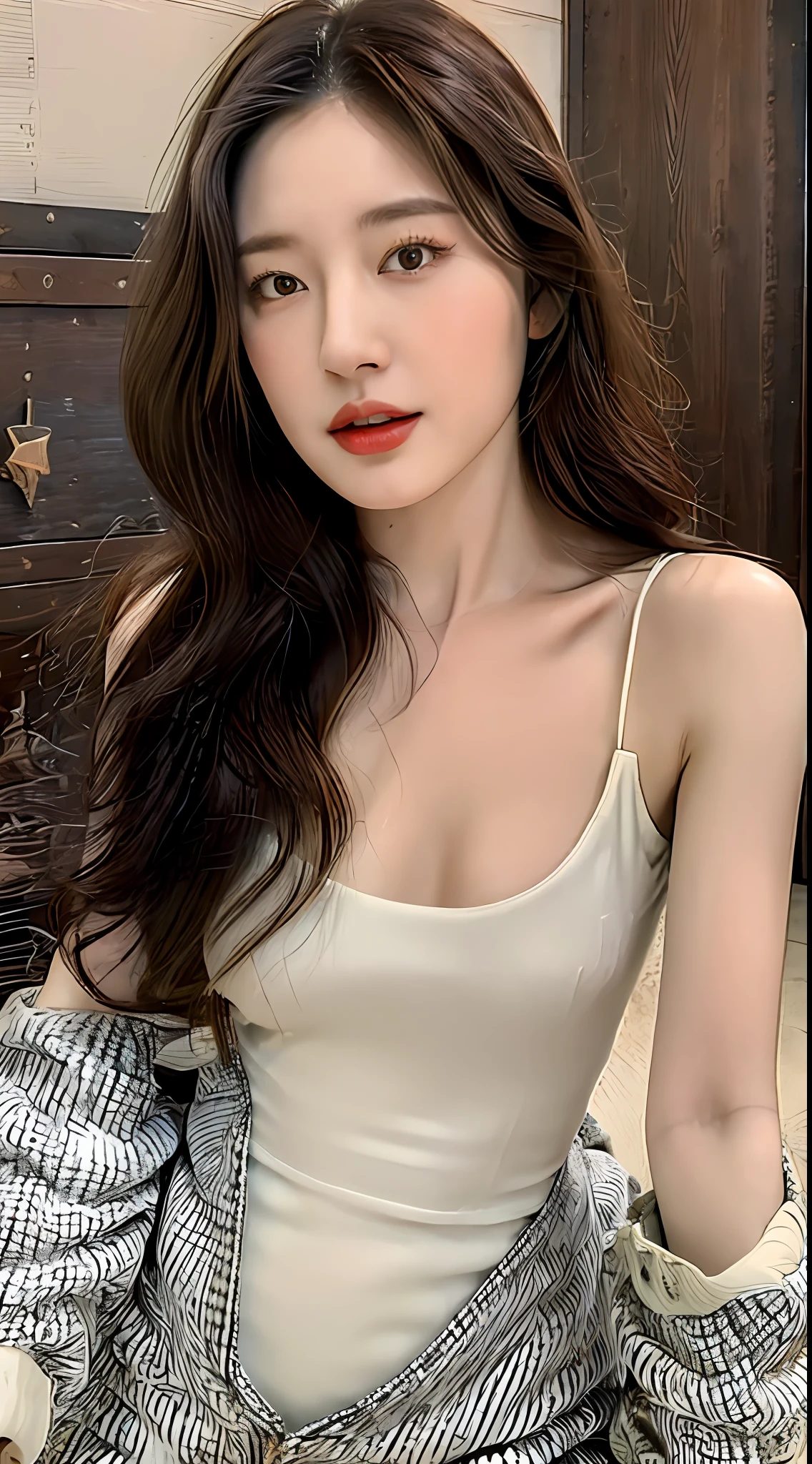 ((Best quality, 8k, Masterpiece :1.3)), A pretty woman with perfect figure :1.4, Slender abs :1.3, ((Dark brown hair, Big breasts :1.2)), Highly detailed face and skin texture, Detailed eyes, Double eyelid