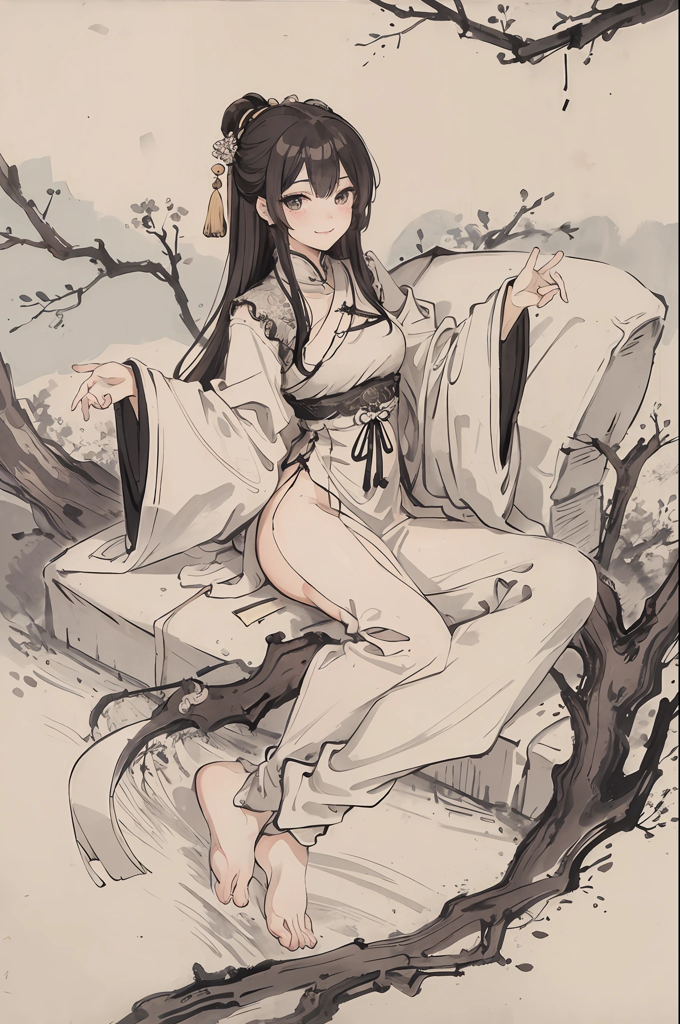 (masterpiece, best quality: 1.2), traditional Chinese ink painting, A cute 18 year old female with medium breasts, sexy white lace , Oversized dress :1.5, Couch, Ultra-detailed face, Detailed eyes, Double eyelid, sfw , long dress, Coy Smile