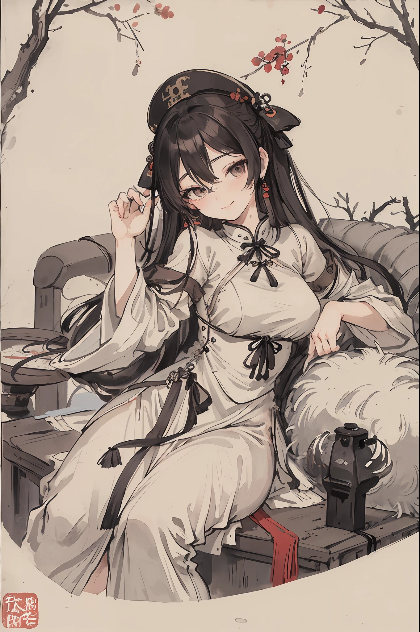 (masterpiece, best quality: 1.2), traditional Chinese ink painting, A cute 18 year old female with medium breasts, sexy white lace , Oversized dress :1.5, Couch, Ultra-detailed face, Detailed eyes, Double eyelid, sfw , long dress, Coy Smile