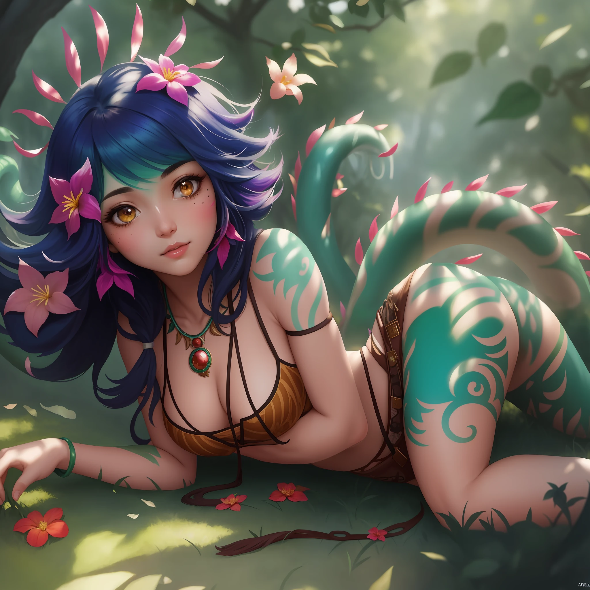 8k portrait of beautiful female, neeko, facial marks, hair ornaments, hair flower, necklace, brown shorts, croptop, intricate, elegant, highly detailed, majestic, digital photography, art by artgerm and ruan jia and greg rutkowski surreal painting, jungle, (masterpiece, sidelighting, finely detailed beautiful eyes: 1.2), hdr,  full body, lying ground, cloud, colorful, lizard tail,  background tree