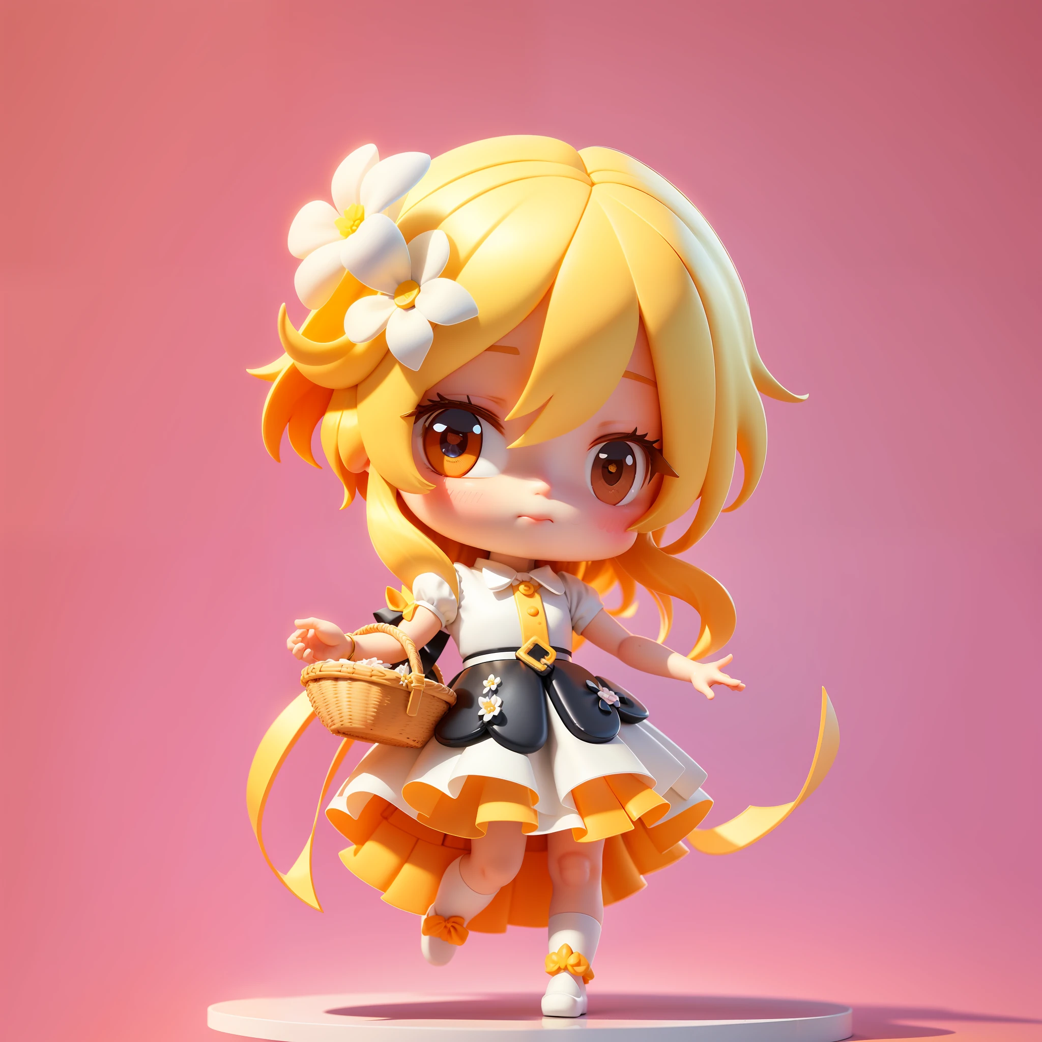 Blind Box Toy Style, a cute little girl with blonde hair, white flower hair ornament, white skirt, black bow tie, big blonde eyes, carrying a basket with wine inside