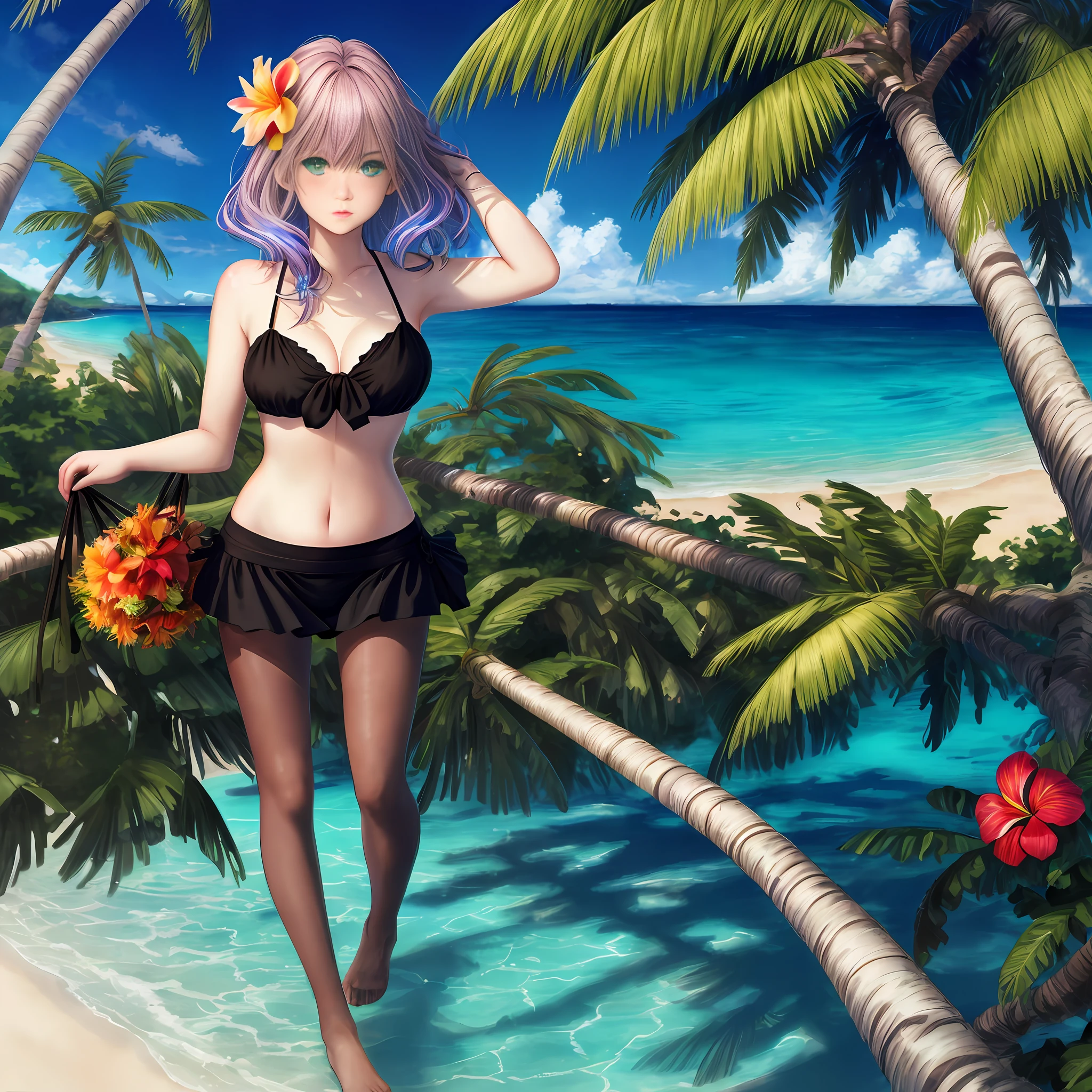 Realistic, 1girl, colored hair, green eyes, high quality eyes, bikini top, skirt, parted lips, blush, night, flowers, sun, sunlight, pantyhose, full body, black silk, rainbow, beach, coconut tree, summer