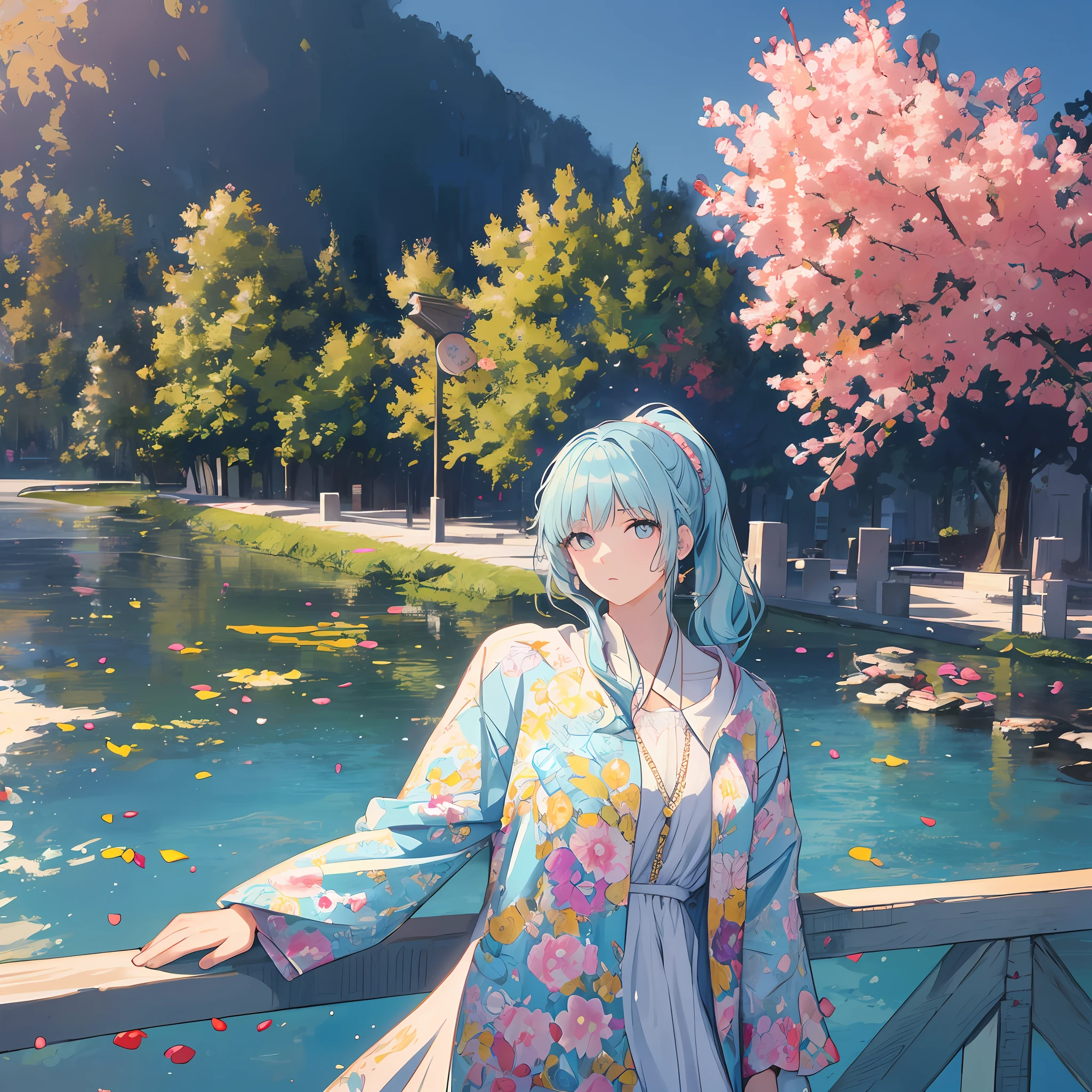 (masterpiece), (best quality), (ultra detailed),(disheveled hair),(illustration), (1girl), (Fashionable clothing), standing, Fashion model, looking at viewer, (interview), (simple background),beautiful detailed eyes, delicate beautiful face, Floating,(high saturation),(colorful splashes),colorful bubble,(shining), focus on face,  ponytail, kamisato ayaka, light blue hair, bangs, hair ring, floating flowers, floating hairs, (shining), best lighting, best shadow,