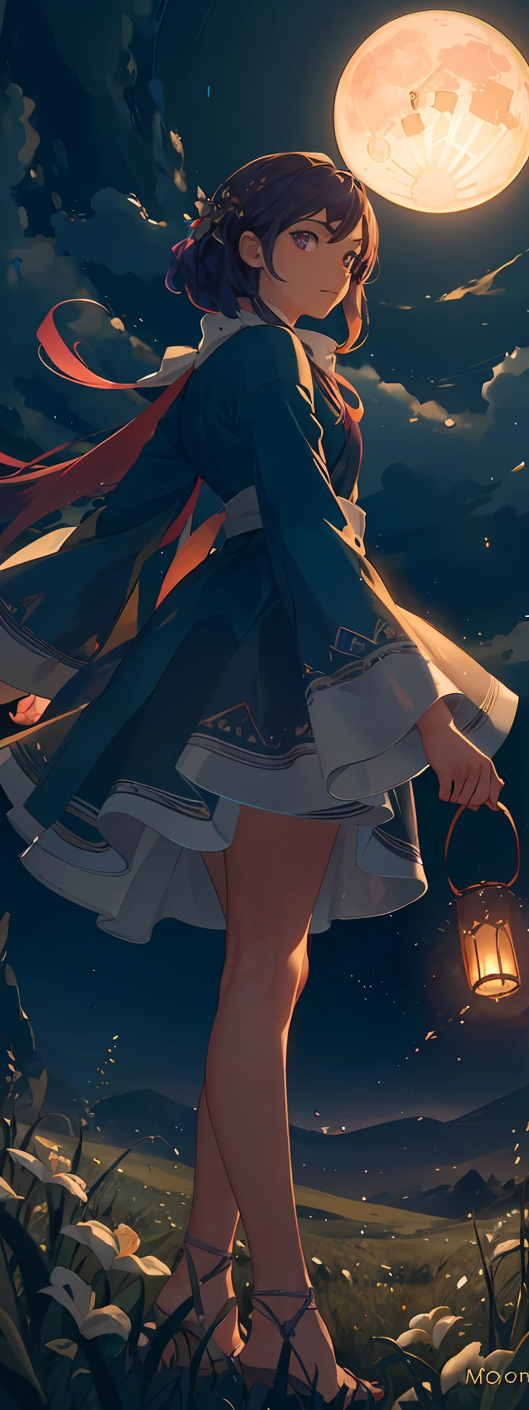 A wide landscape photo, (viewed from below, the sky is above, and the open field is below), a girl standing on a flower field looking up, (full moon: 1.2), (meteor: 0.9), (nebula: 1.3), distant mountains , Trees BREAK Crafting Art, (Warm Light: 1.2), (Firefly: 1.2), Lights, Lots of Purple and Orange, Intricate Details, Volumetric Lighting BREAK (Masterpiece: 1.2), (Best Quality), 4k, Ultra Detailed, (Dynamic Composition: 1.4), Rich in Detail and Color, (Rainbow Color: 1.2), (Glow, Atmospheric Lighting), Dreamy, Magical, (Solo: 1.2)