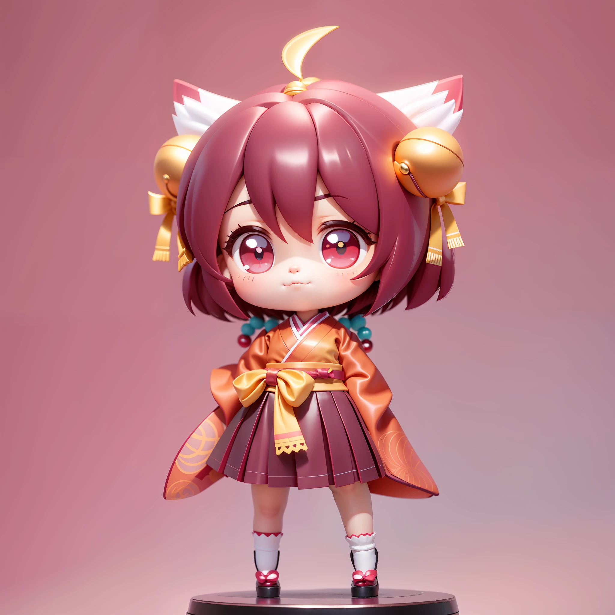 blind box toy style, a cute girl, bell hair ornament, pleated skirt, socks, big eyes, burgundy hair, cat ears, Japanese kimono, red bow belt,