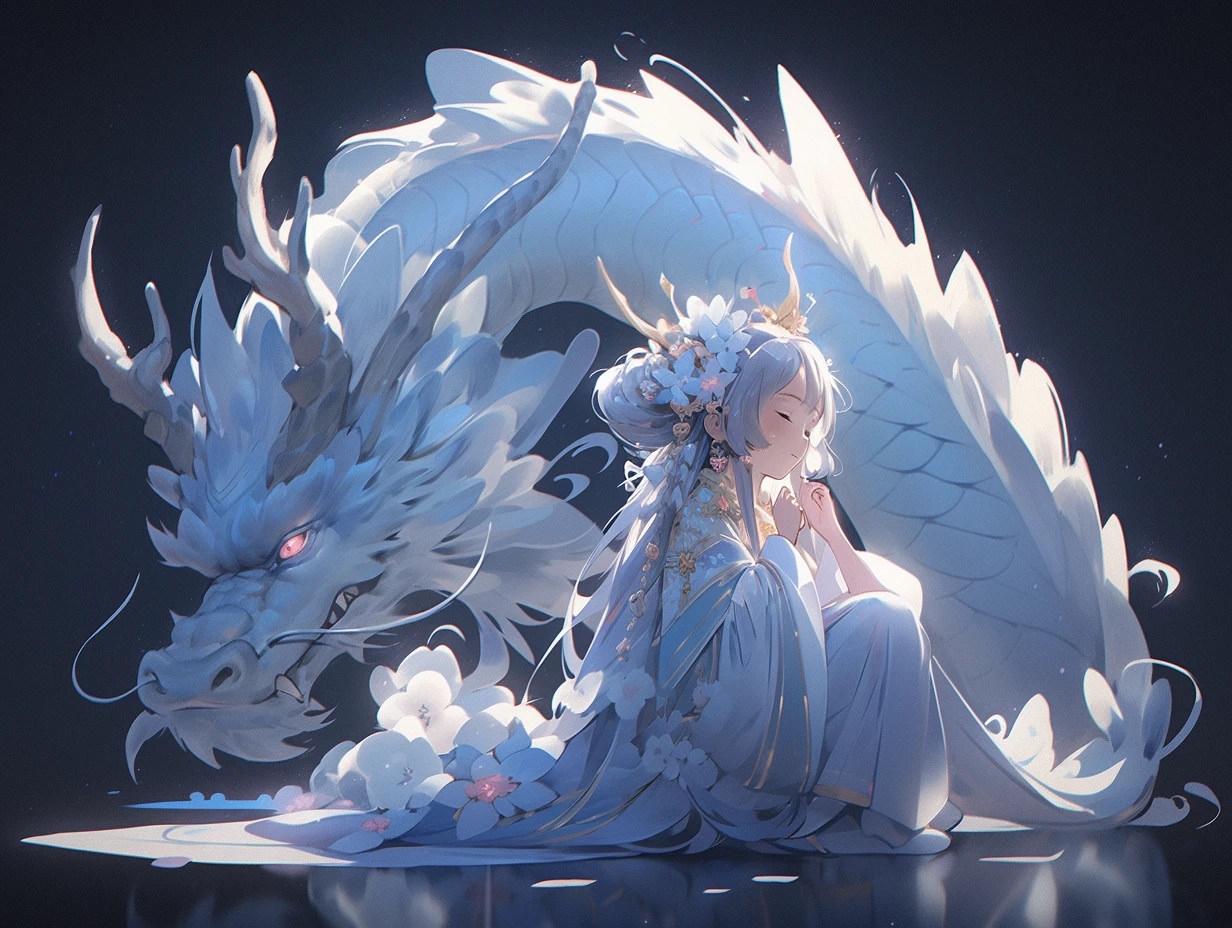 Chinese style, 3d Pixar character style, 3d, toys, tide play, ip, blind box, magic, whole body, cute girl, Hanfu, good smile, long hair, super clear, transparent material of three Chinese dragons, ice cube, drop reflected light, style prism + hibiscus, pure black background, particle, particle, blue light, Trend octane Render on art Workstation, 8K, HD, 3d, c4d, Blender --niji 5 --ar 4:3