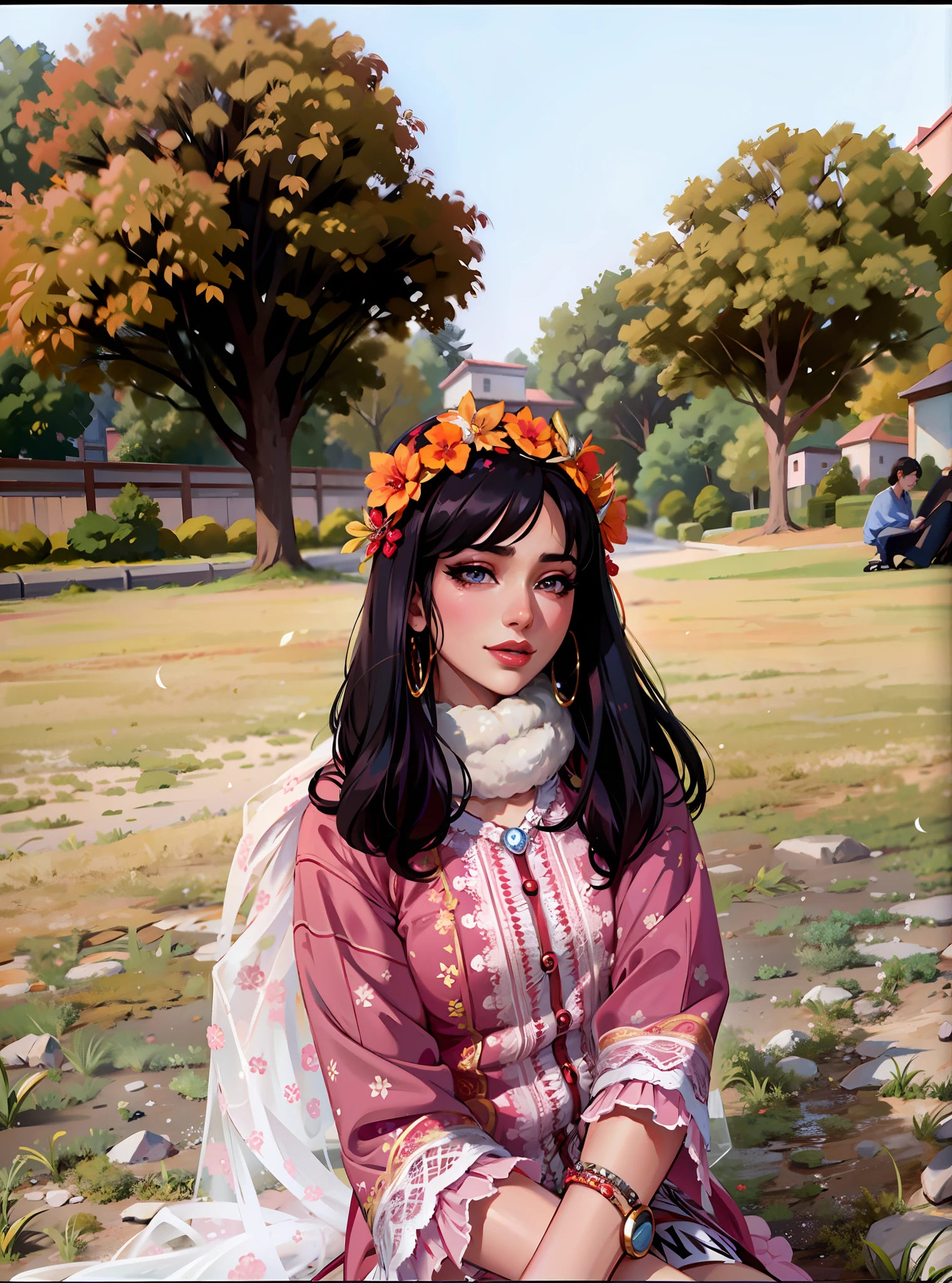 (masterpiece),(best quality:1.0), (ultra highres:1.0), detailed illustration, 8k, anime, 1girl, beautiful anime girl, wearing a pink dress, pretty face, detailed face, beautiful eyes, detailed eyes, red lips, red lipstick, smiling, beautiful hair, highlights in hair, pretty earrings, detailed, anime style, best quality