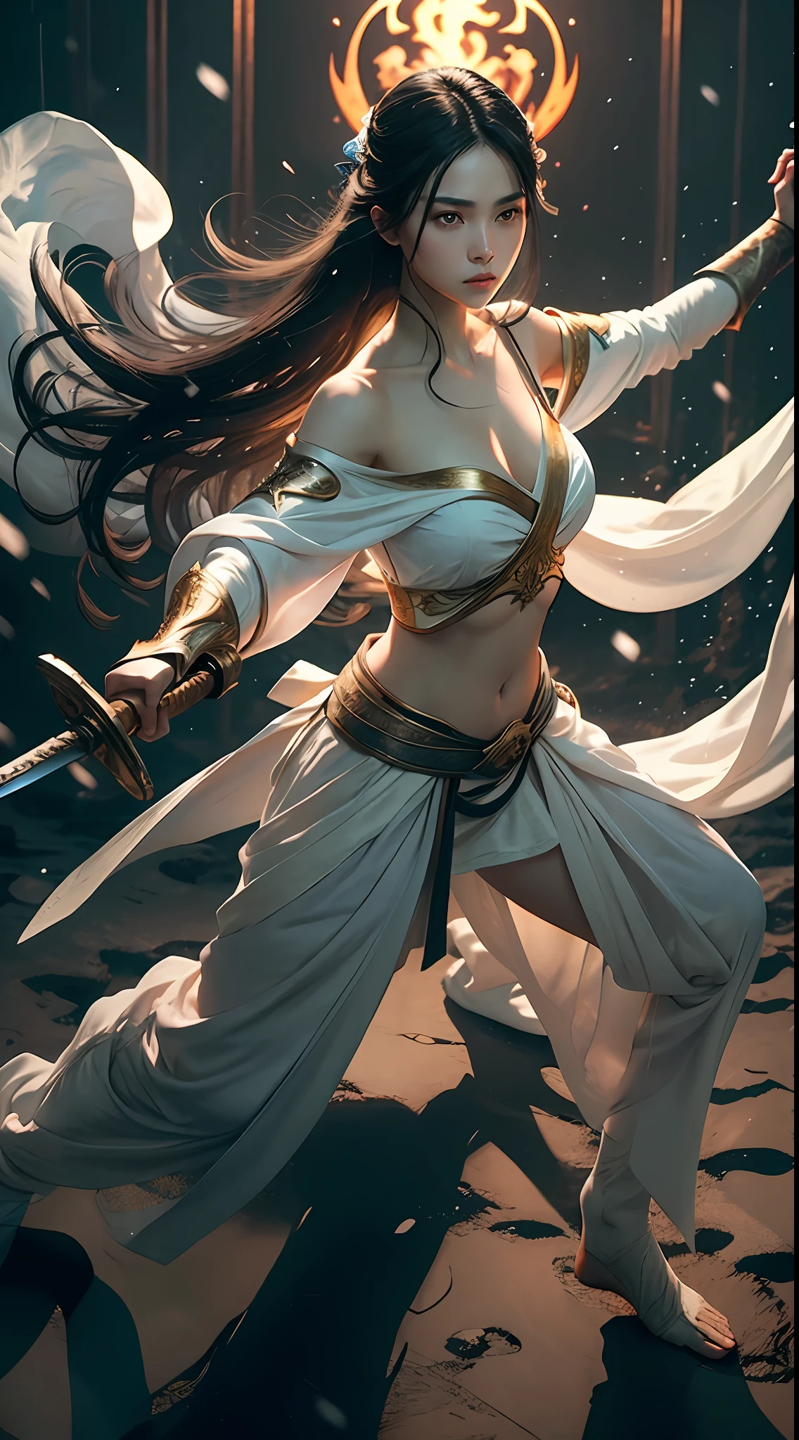 Masterpiece, best quality, realistic, 1 girl, shawl long hair, holding a sword, blue gold white clothes, snow white skin, V-neck, thighs, navel, bare shoulders, full body, martial arts, dynamics, flames, particles
