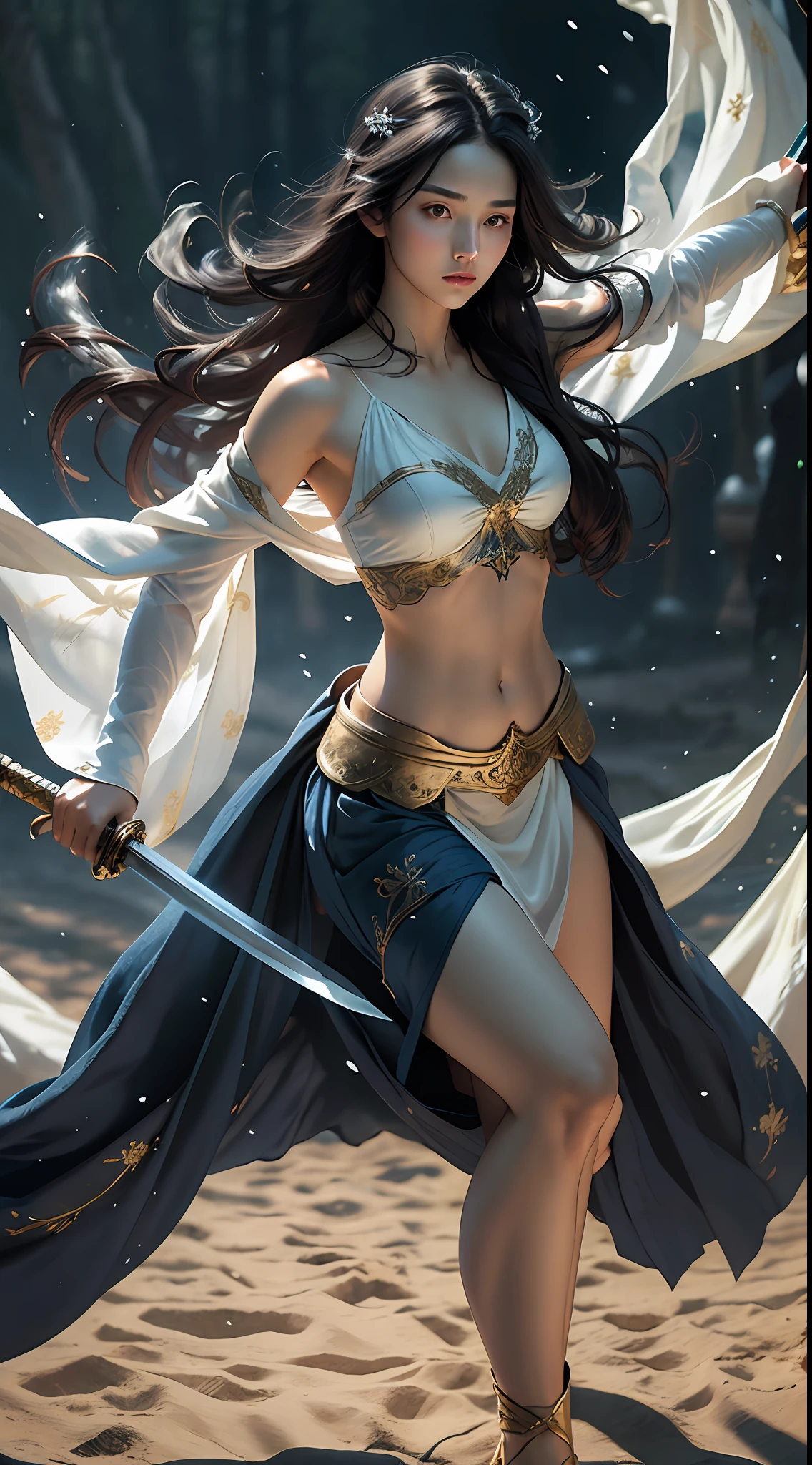 Masterpiece, best quality, realistic, 1 girl, shawl long hair, holding a sword, blue gold white clothes, snow white skin, V-neck, thighs, navel, bare shoulders, full body, martial arts, dynamics, flames, particles