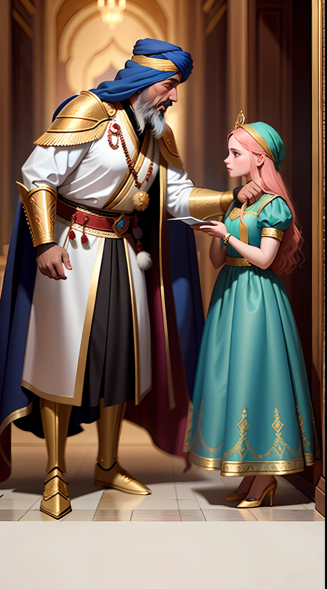 Depict Caliph Harun inviting   girl to the palace, with a regal setting and the caliph expressing his admiration for her selflessness,in disney style,HD details,pretty face,pretty eyes,incarnate details,high details,UKHD,