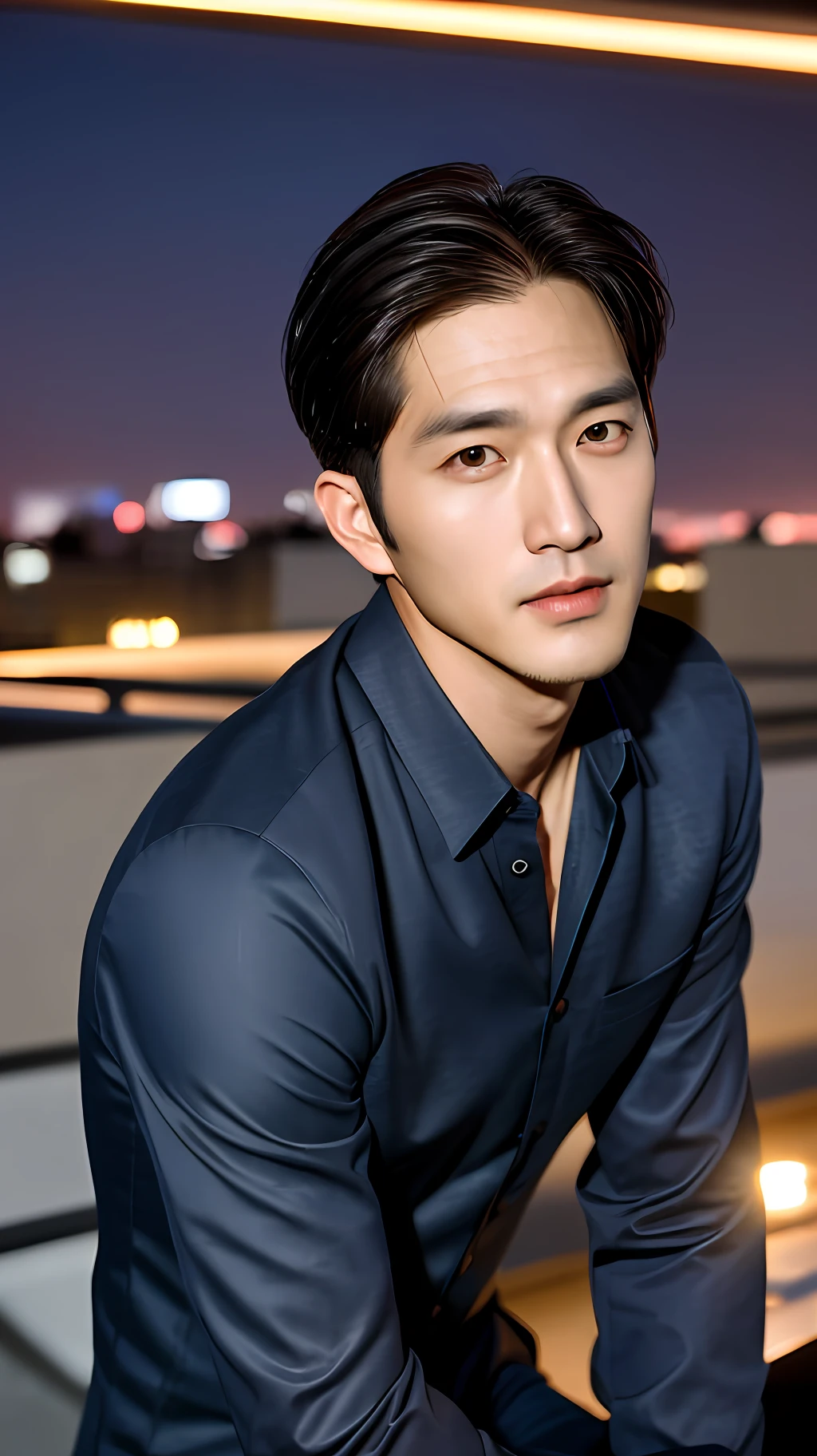 realistic photos of (1 handsome korean man), comb over hair, sitting lonely, night, at the rooftop, clear facial features of Canon EOS, close up, 8K high resolution, realistic details, masterpiece