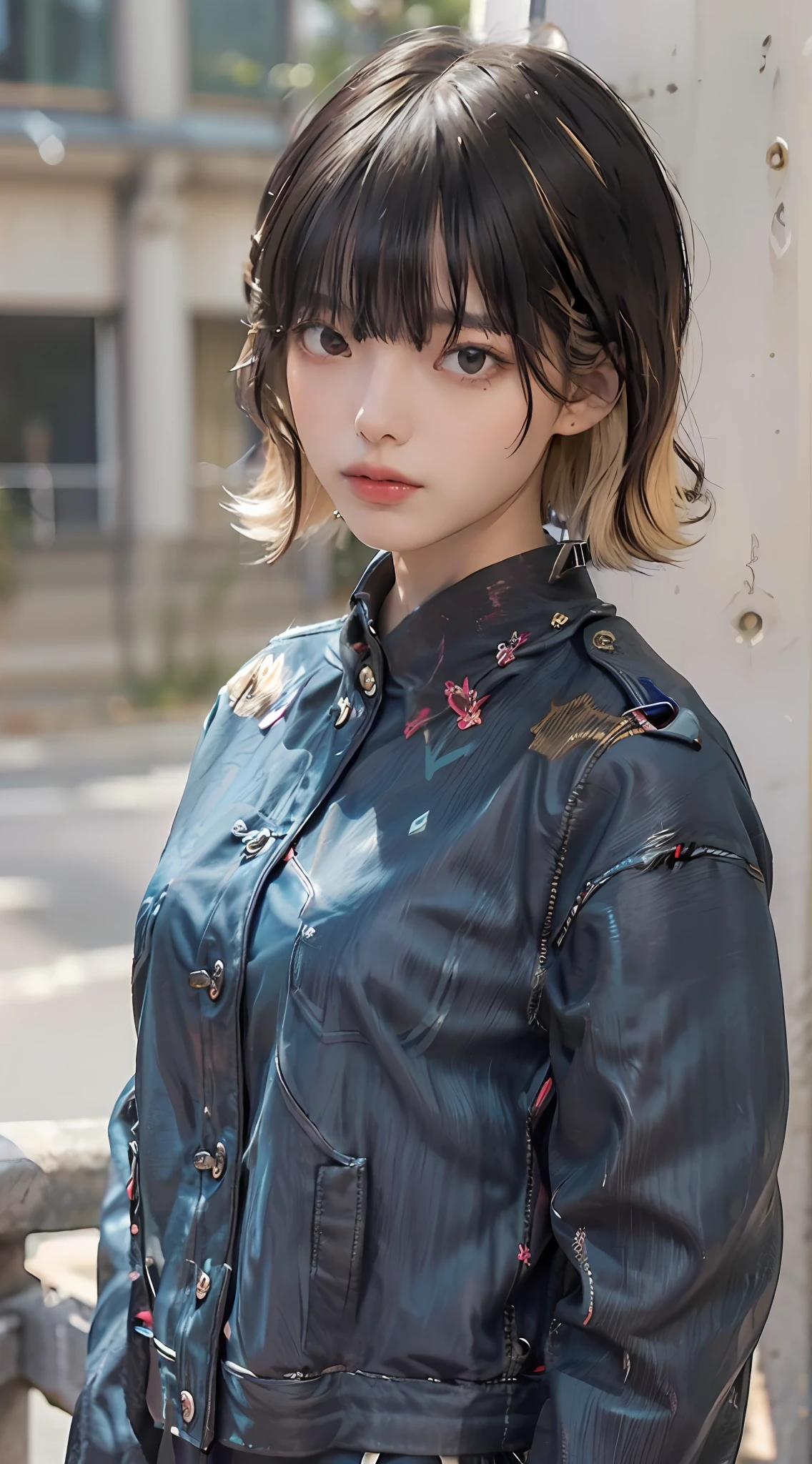 ((Top Quality, 8k, Masterpiece: 1.3)), Sharp Focus: 1.2, Perfect Body Shape Pretty Woman: 1.4, Slender Abs: 1.2, ((Dark Brown Hair, Huge Breasts: 1.4)), (Wearing a Swimsuit, Jean: 1.1), Urban Area: 1.2, Highly Detailed Face and Skin Texture, Detailed Eyes, Double Eyelids