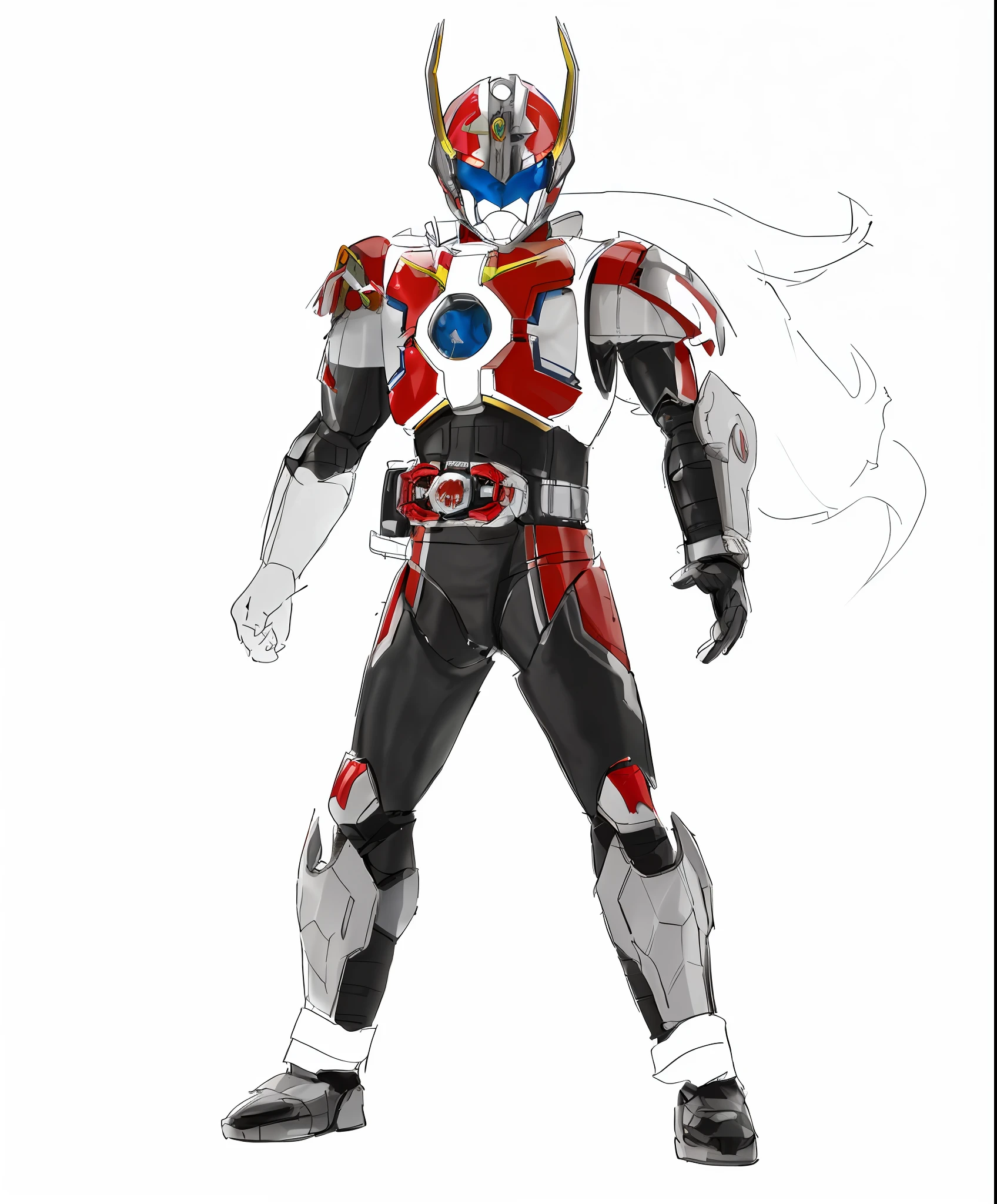 a close up of a drawing of a man in a red and white outfit, high fantasy kamen rider, kamen rider character, kamen rider action pose, kamen rider, fourze, kamen rider ghost, cyber japan style armor, tokusatsu, cyber japan armor, full body mecha suit, white and red armor, anime cyborg, cyber fight armor, full body concept