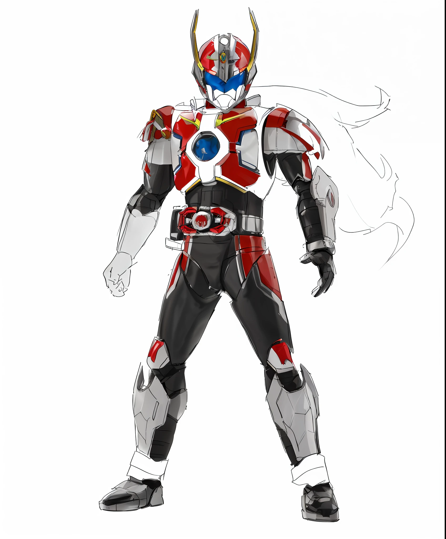 a close up of a drawing of a man in a red and white outfit, high fantasy kamen rider, kamen rider character, kamen rider action pose, kamen rider, fourze, kamen rider ghost, cyber japan style armor, tokusatsu, cyber japan armor, full body mecha suit, white and red armor, anime cyborg, cyber fight armor, full body concept