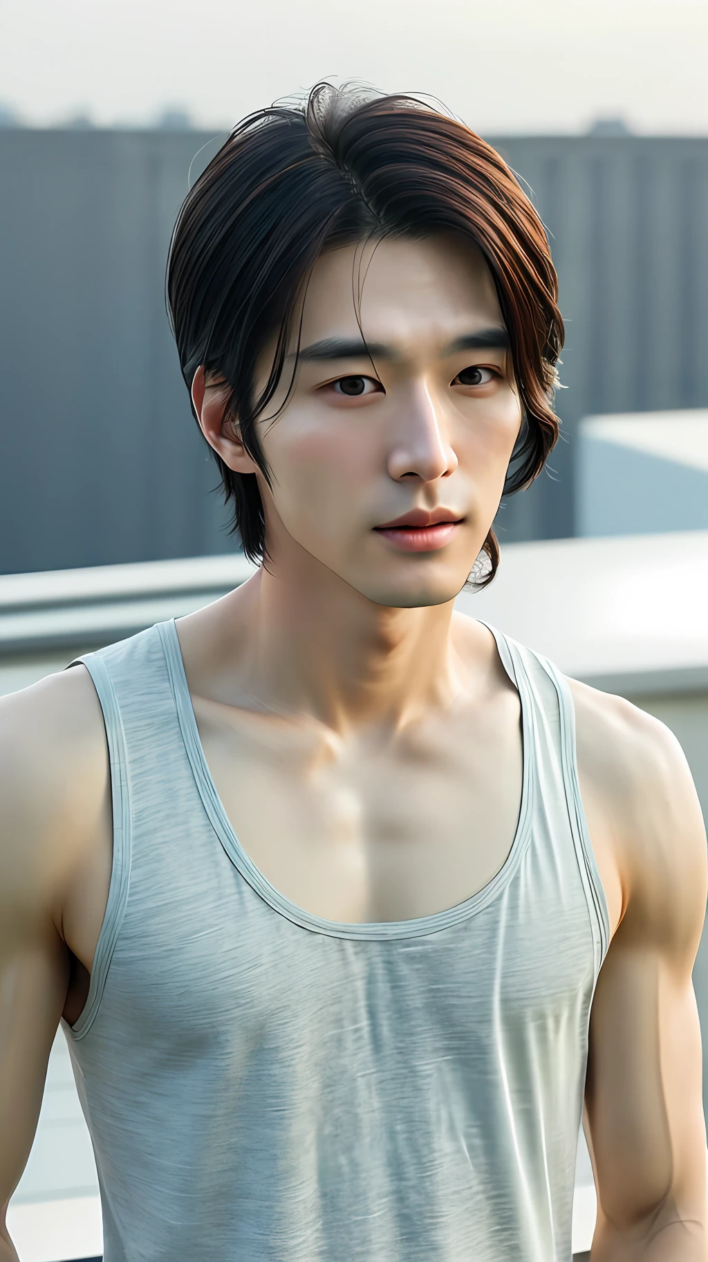 realistic photos of (1 handsome korean man), comb over hair, standing at the rooftop, tank top, clear facial features of Canon EOS, close up, 8K high resolution, realistic details, masterpiece