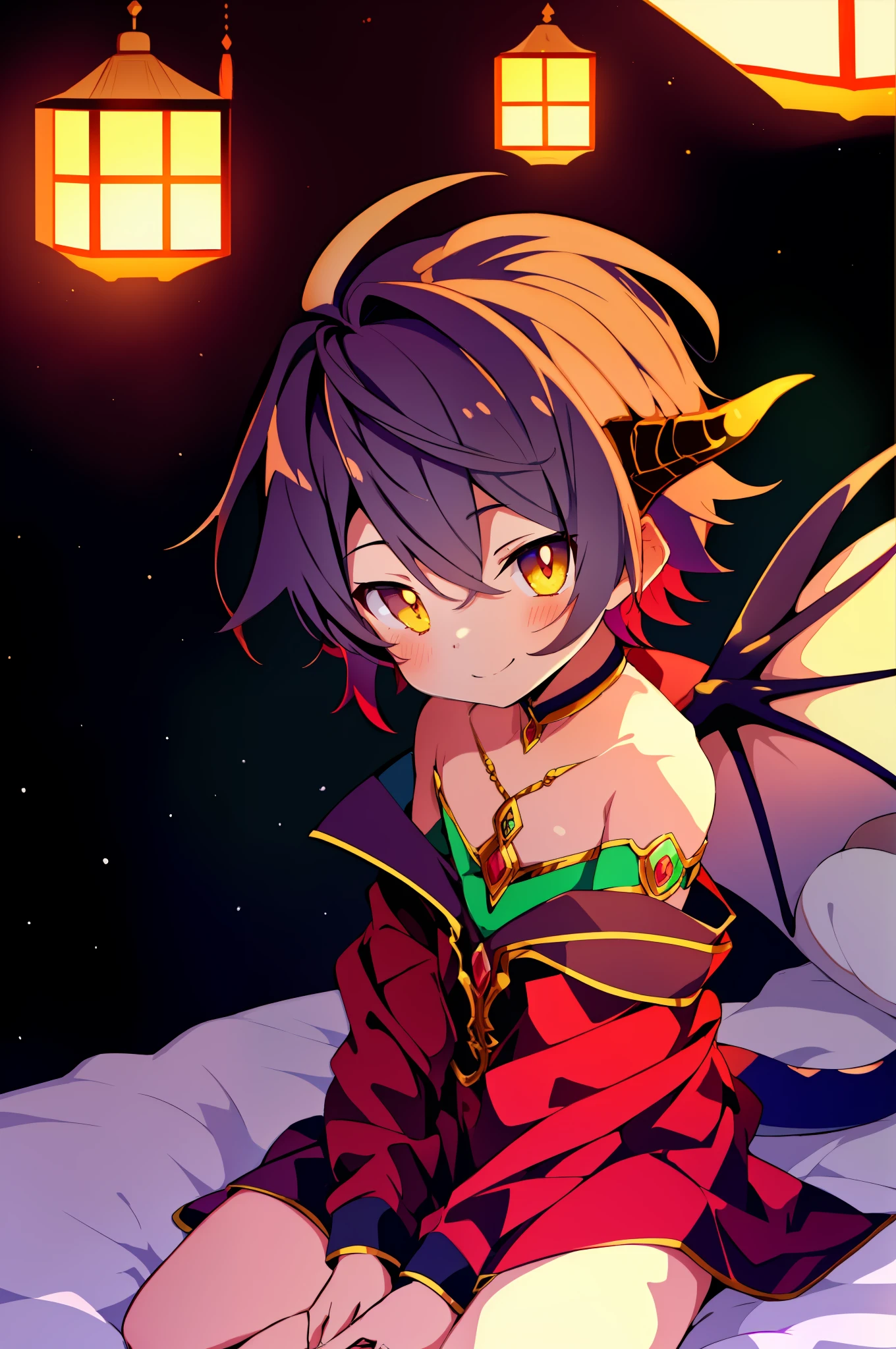 (extremely cute anime Shota, Dragon Attribute Boy, Unique Dragon Horn, Dragon Tail, Dragon Wings), sitting on the bed with open clothes, blinking and smiling, camera details showing skin and clothing details, detailed descriptions on dragon wings, evening home interior decoration, dim yellow soft lighting effects