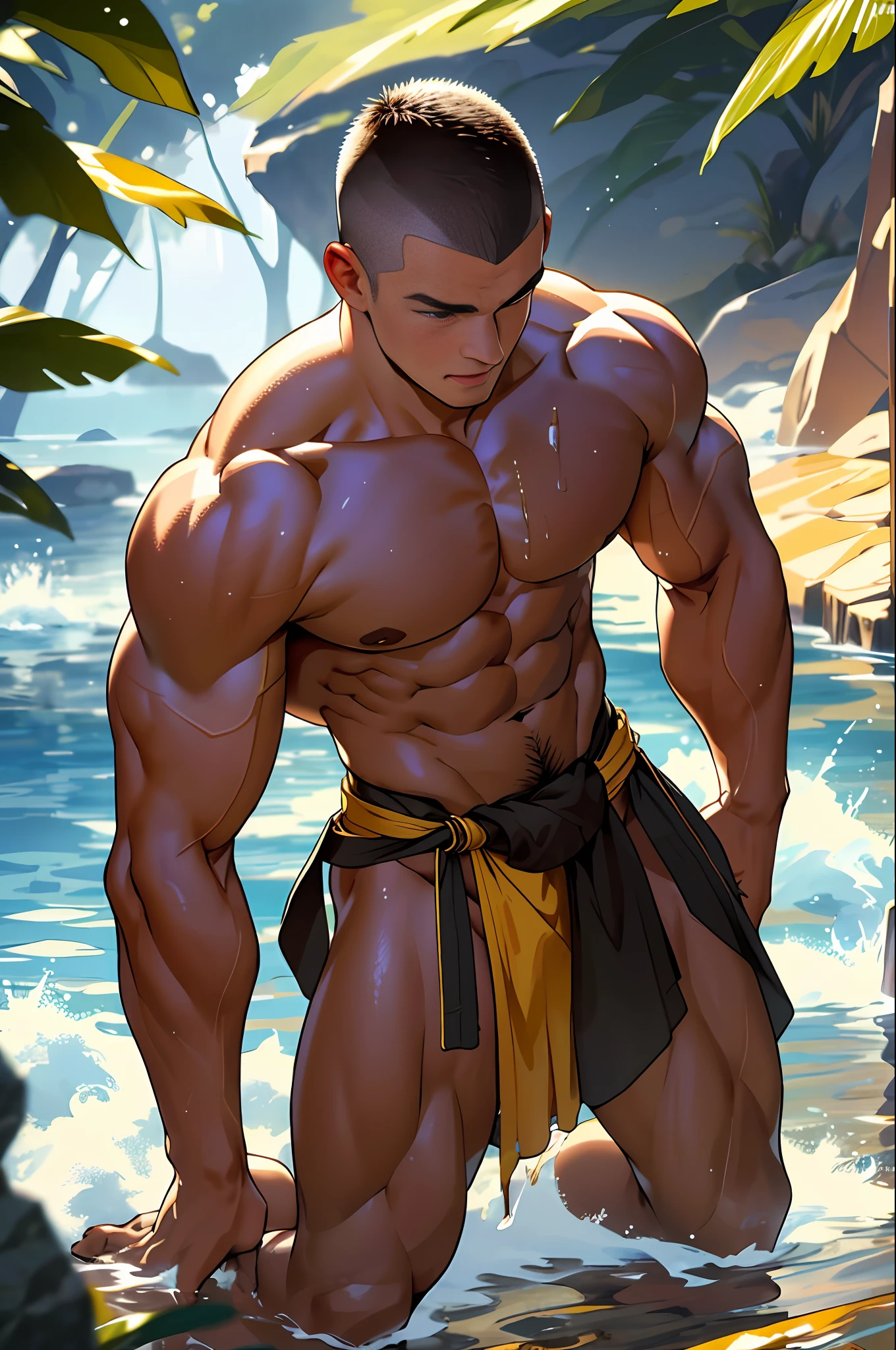 2man,masterpiece,best quality, the most attractive masculine 30 year old male, (very small loincloth), splashing liquid gold, ,hairy body,depth of field, buzz cut, full body, (naked),