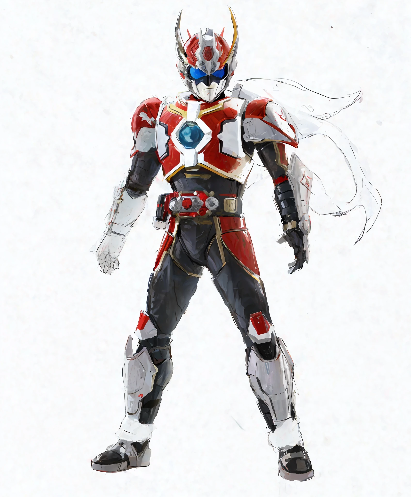 a close up of a drawing of a man in a red and white outfit, high fantasy kamen rider, kamen rider character, kamen rider action pose, kamen rider, kamen rider ghost, fourze, full body concept, new costume concept design, cyber japan style armor, tokusatsu, cyber fight armor, cyber japan armor, white and red armor