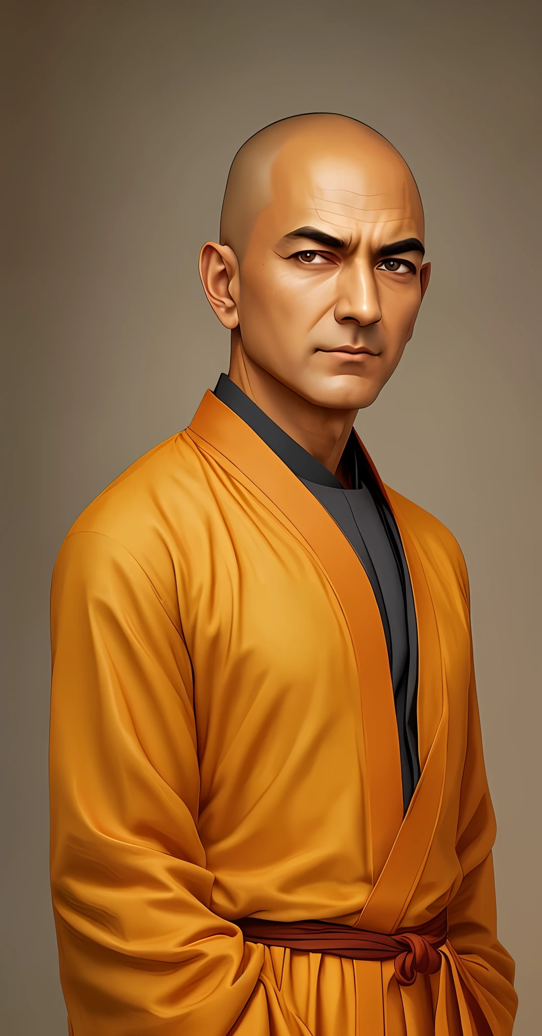 painting of a man in a monk robe with a black tie, portrait of monk, portrait of jeff bezos, high-quality portrait, 2 1st century monk, concept art of a monk, Buddhist monk, portrait of Saitama, photorealistic human Goku, monk, by Howard Knotts, photorealistic fan art, beautiful character painting, by Artur Tarnowski, Chanakya