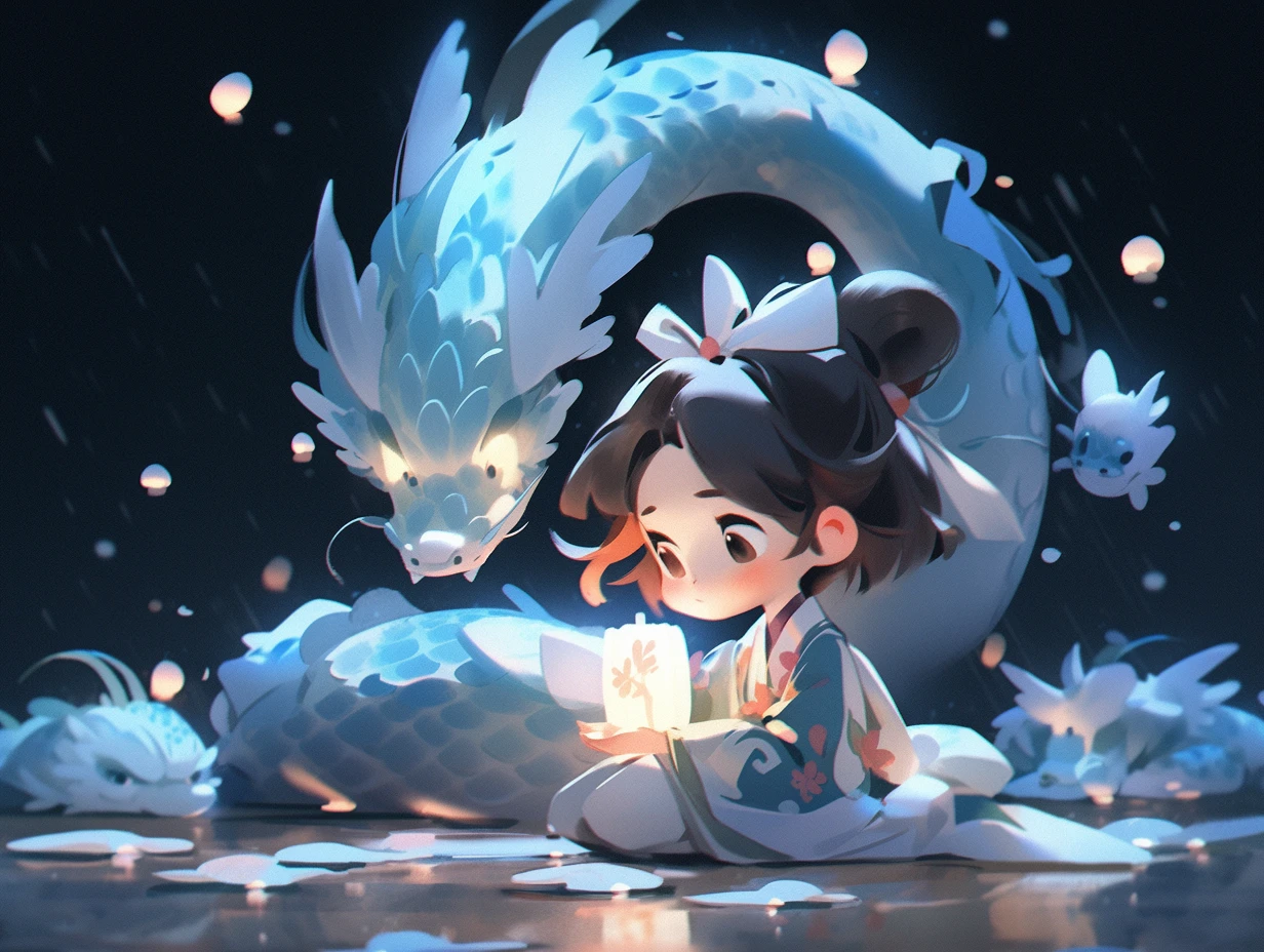 Chinese style, 3d Pixar character style, 3d, toys, tide play, ip, blind box, magic, whole body, cute girl, Hanfu, good smile, long hair, super clear, transparent material of one Chinese dragons, ice cube, drop reflected light, style prism + hibiscus, pure black background, particle, particle, blue light, Trend octane Render on art Workstation, 8K, HD, 3d, c4d, Blender --niji 5 --ar 4:3