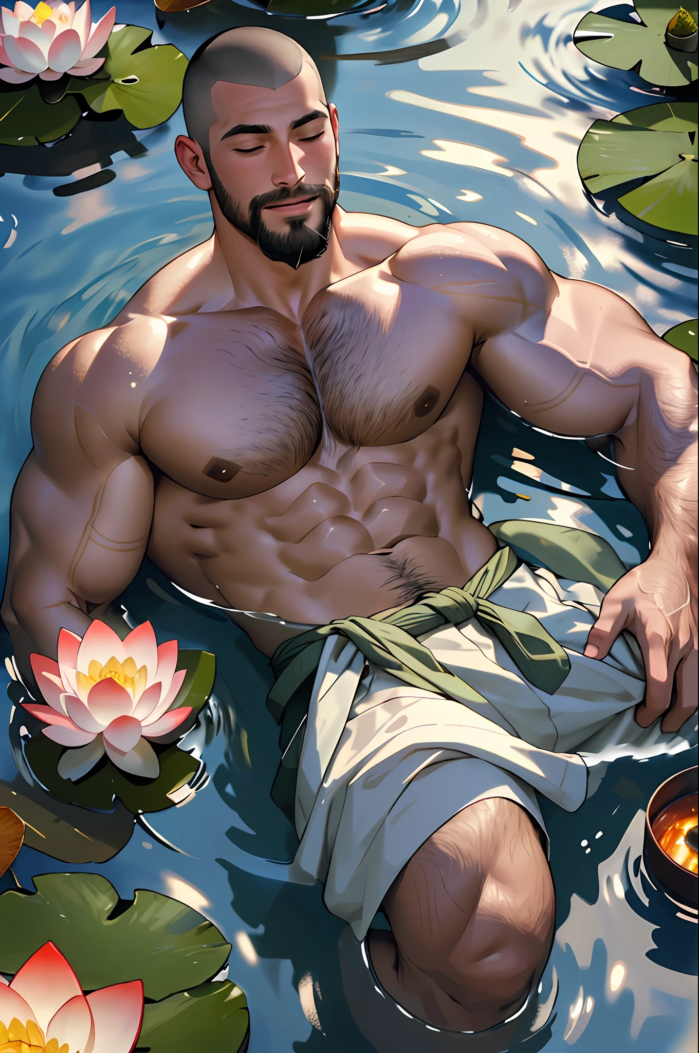 Best quality, masterpiece,ultra high res,detailed background,realistic,in the Water,from above,closed eyes,1man,solo,male,muscular,mature male,short facial hair,beard,buzz cut,very small loincloth,lying,lotus,candle,water,real shadow and light,depth of field
