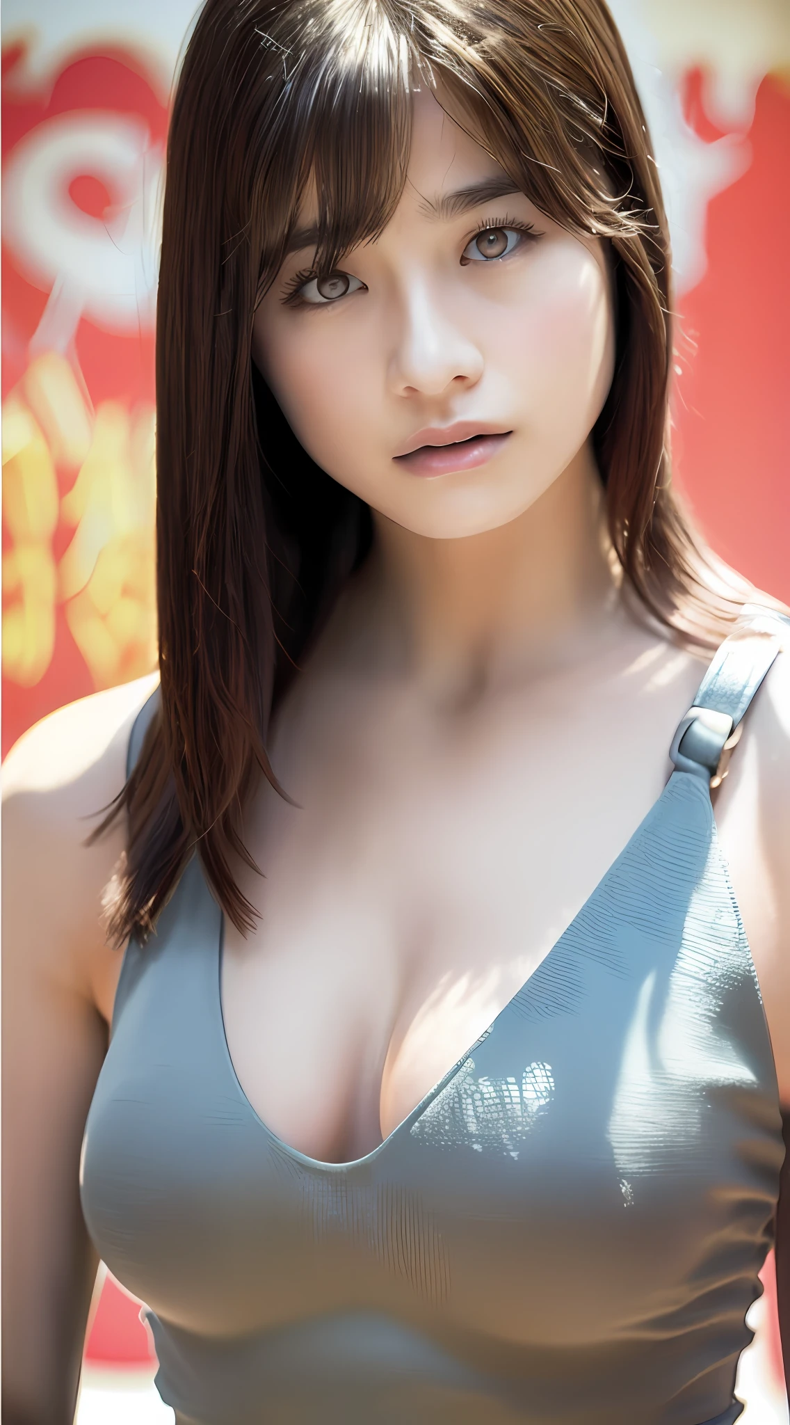 ((Top Quality, 8k, Masterpiece: 1.3)), Sharp Focus: 1.2, Perfect Body Shape Pretty Woman: 1.4, Slender Abs: 1.2, ((Dark Brown Hair, Huge Breasts: 1.4)), (Wearing a Swimsuit, Jean: 1.1), Urban Area: 1.2, Highly Detailed Face and Skin Texture, Detailed Eyes, Double Eyelids