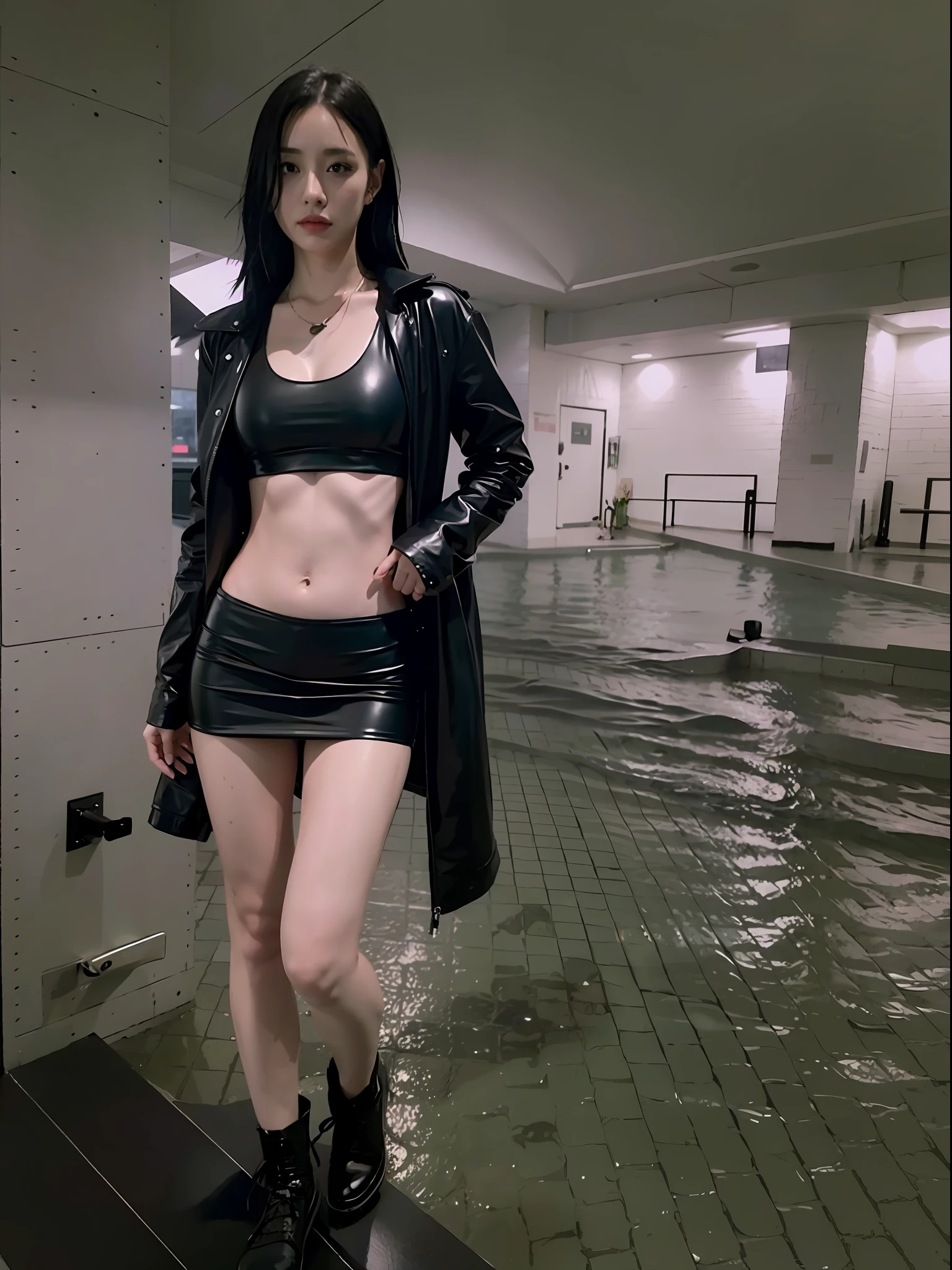 there is a woman in a black leather outfit posing for a picture, wearing leather swim suite, wearing atsuko kudo latex outfit, all black cyberpunk clothes, wearing cyberpunk streetwear, wet look, cyberpunk style outfit, cyberpunk outfit, photograph of a techwear woman, wearing japanese techwear, cyberpunk photo, cyberpunk girl, aeon flux style