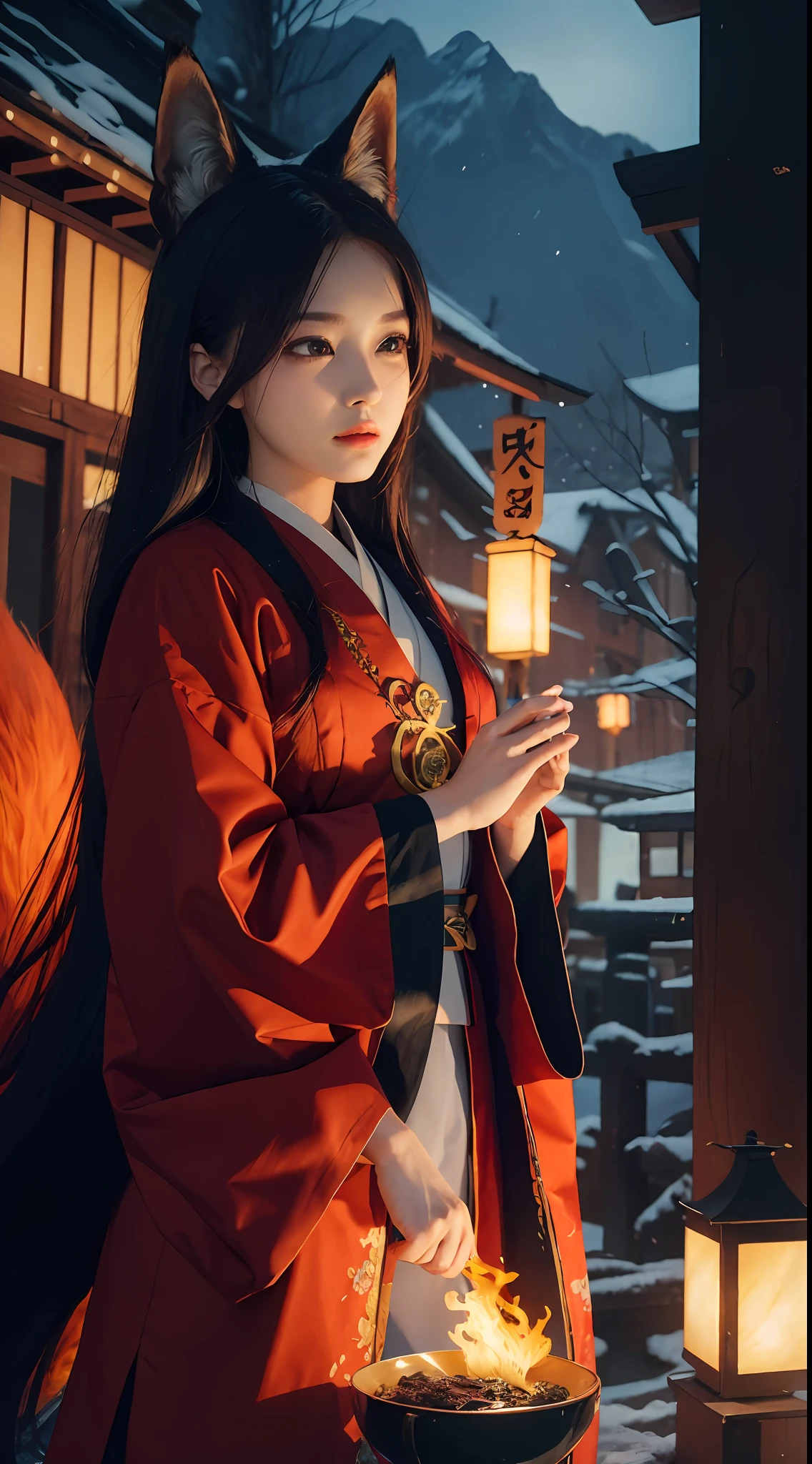 1girl,solo,
official art, unity 8k wallpaper, ultra detailed, beautiful and aesthetic, beautiful, masterpiece, best quality,
Kitsune witch, fox mask, haori jacket, foxfire spell, fox familiar, transformation,depth of field,