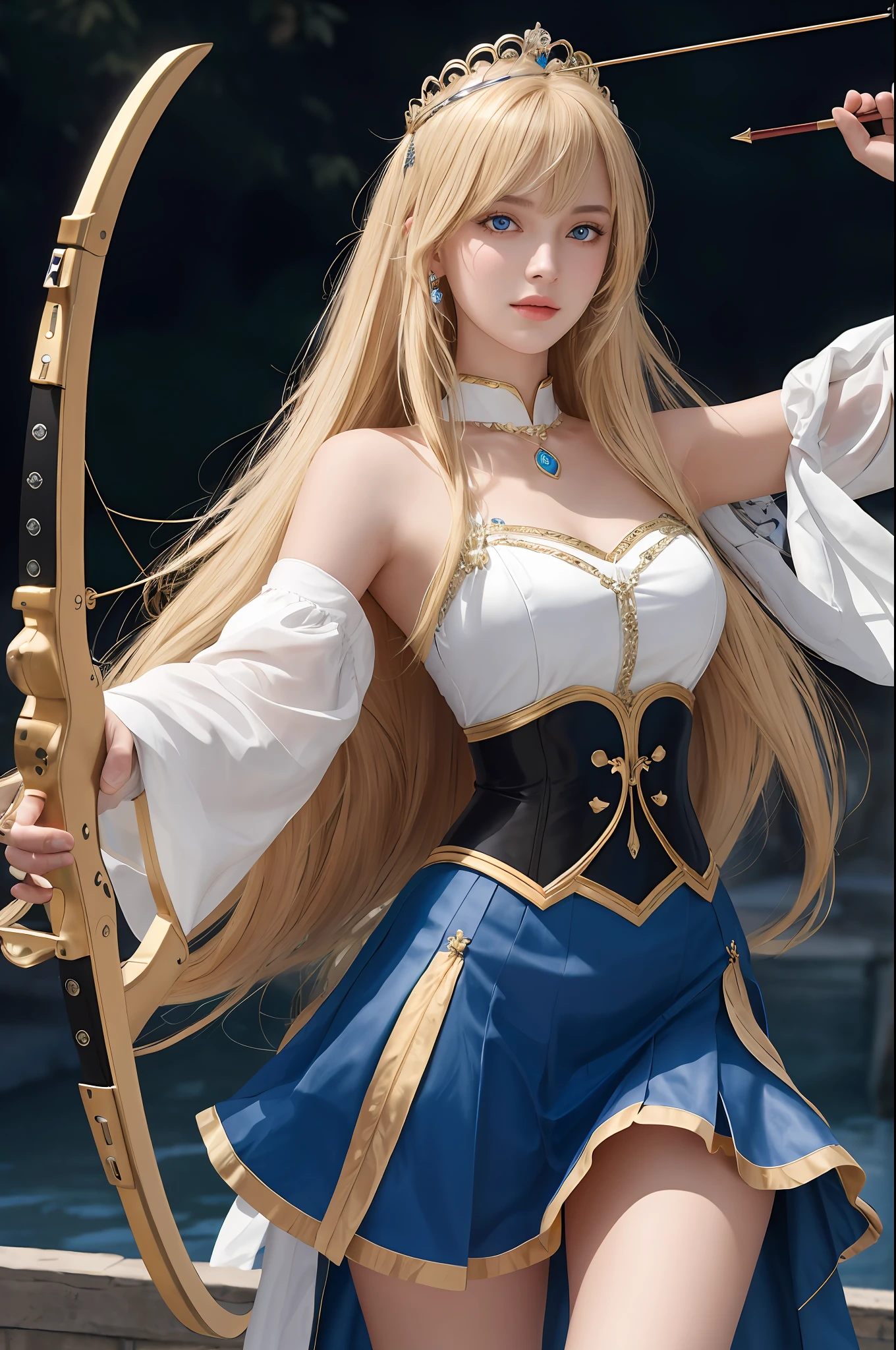 8k, superb, masterpiece, high detail, semi-realistic, 1 girl, young woman, 19 years old, blond long hair, right eye covered by bangs, blue right eye, jewelry crown, court style platinum skirt, slim figure, archery, Archery with a bow,