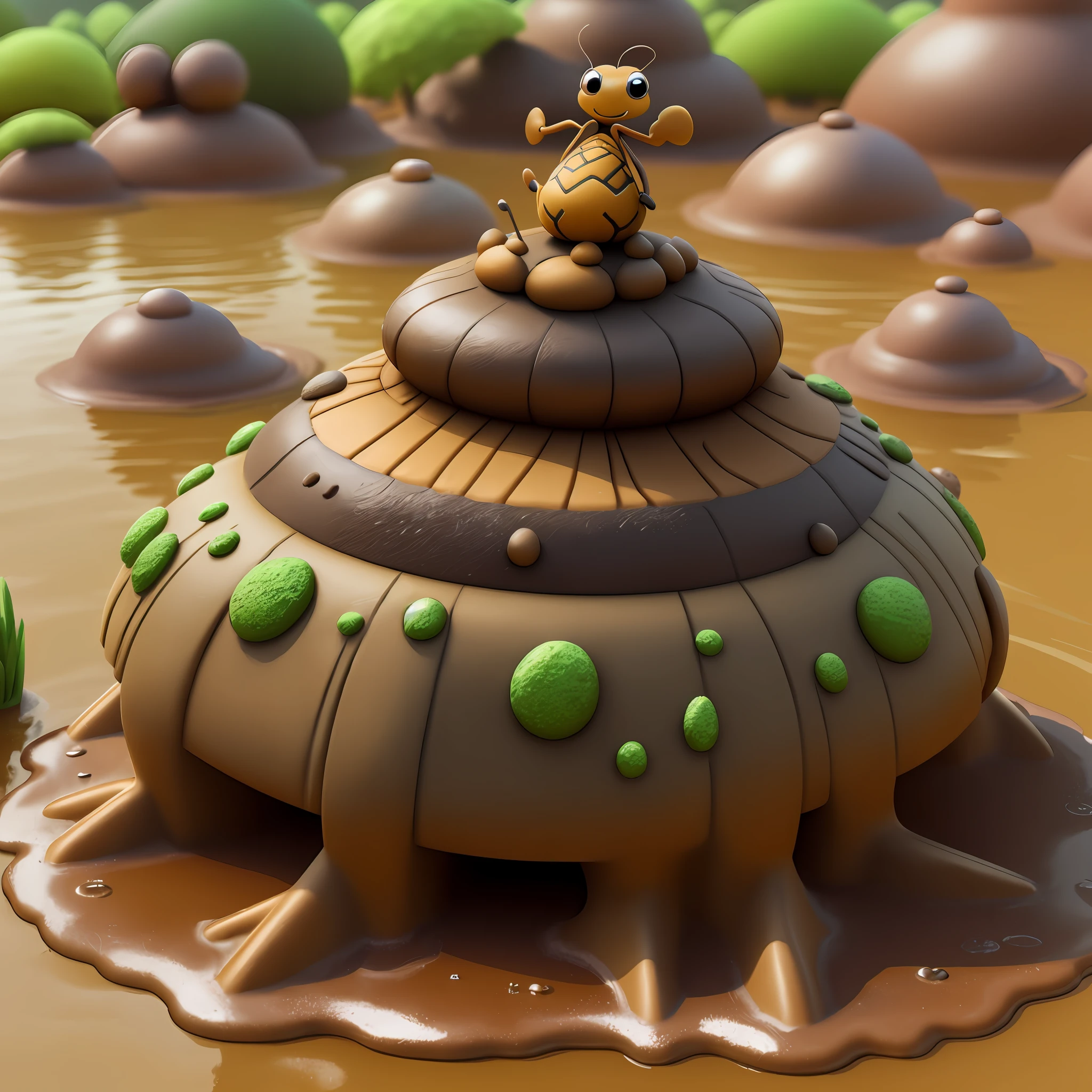 Anthill with muddskipper statue on top with water around it and lots of mud 3d cartoon