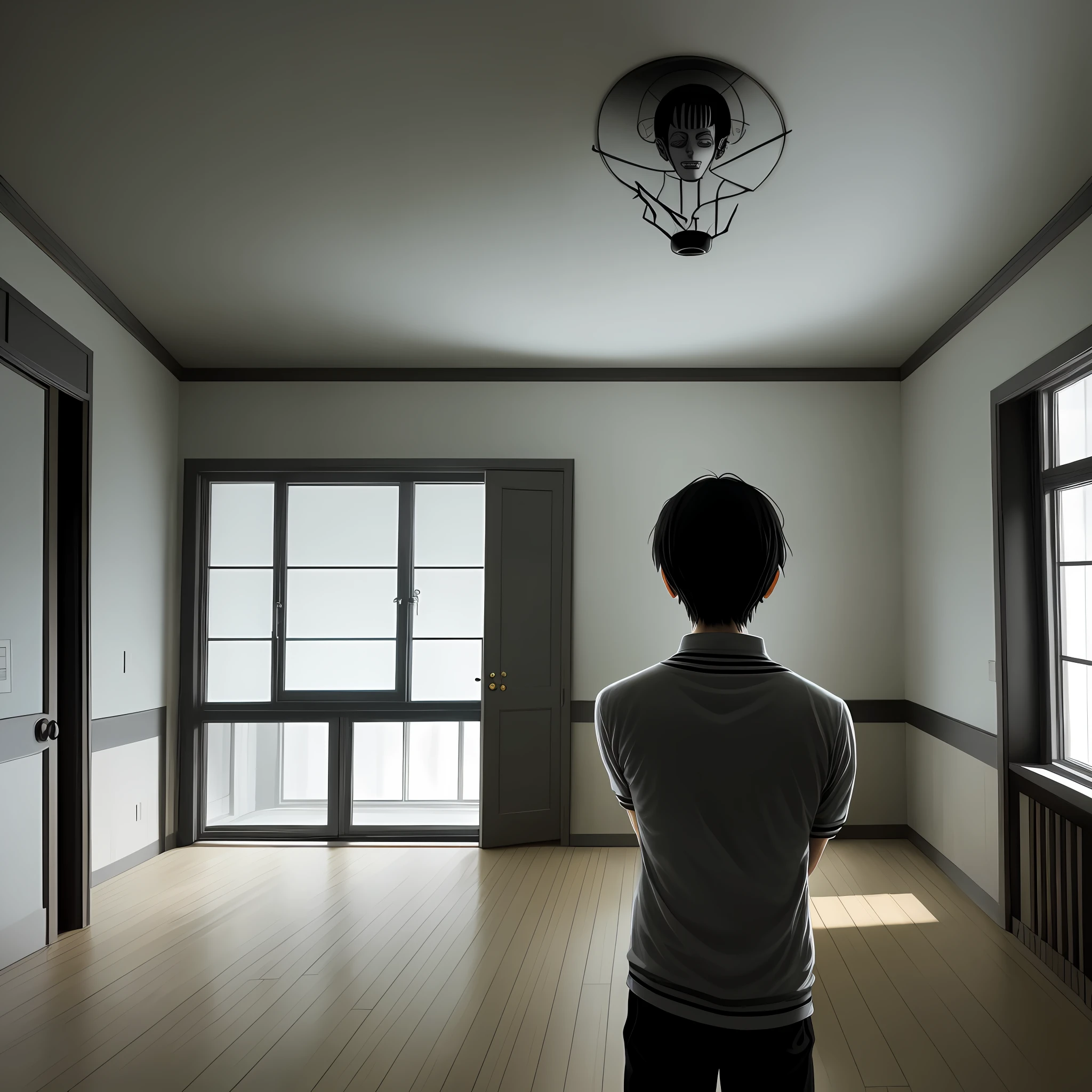 I would like an concept art in the style of Mangaká Junji Ito, depicting a man in their house, with their hands on their head as if going insane. I would like there to be a shadow in front of the person, representing negative thoughts. The setting should be the person's own house