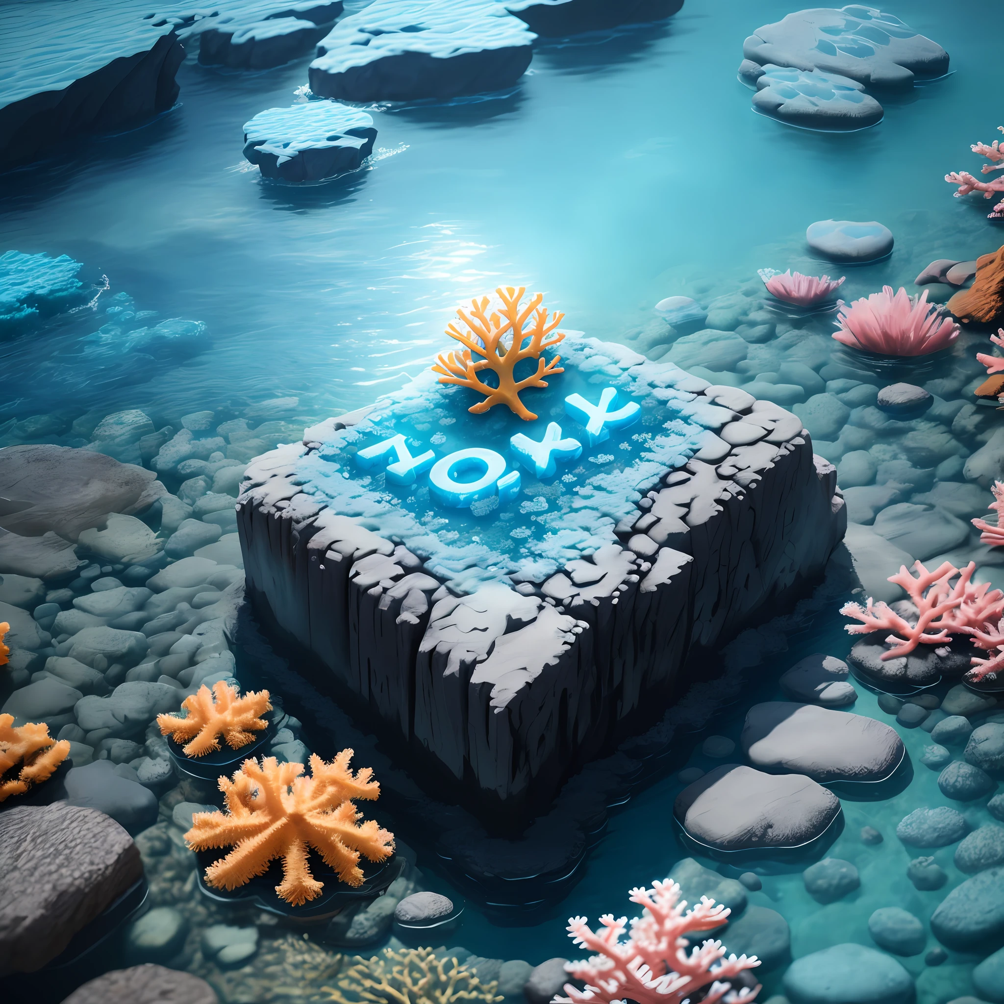Letters made of water,icon,logo, letters on rock,coral reef，undersea，global illumination, backlighting, bloom, ((cold light)), sharp focus, photo realistic, detailed skin, background out of focus, cinematic composition , ultra-detailed, realistic , hyper-realistic , volumetric lighting, 8k, trending on artstation
