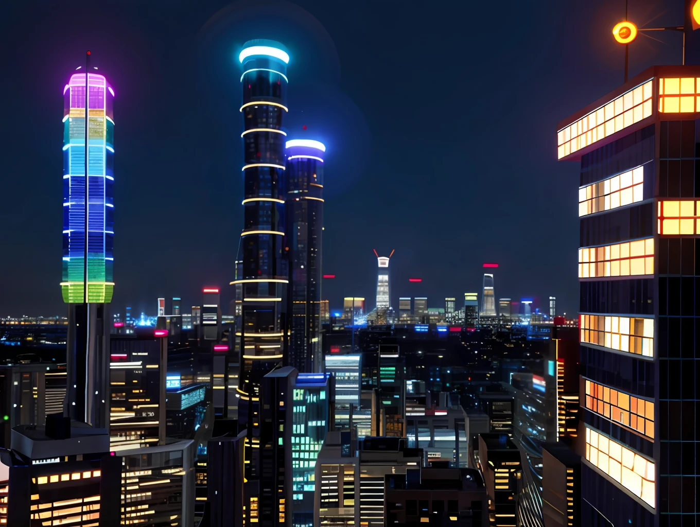 Modern city with bright lights, high-rise buildings, signal towers