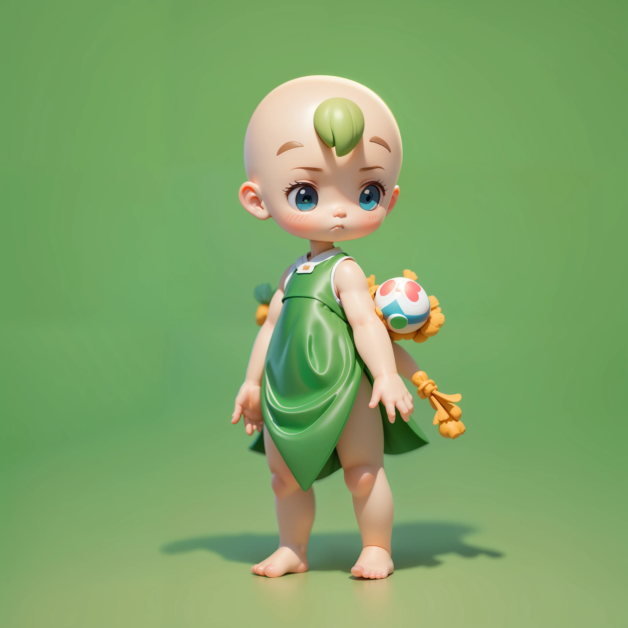 Blind Box Toy Style, a cute , bald head, wearing a green blouse with white lettering on it, brown Japanese knots, (bare arms, bare thighs,) little hair, cute