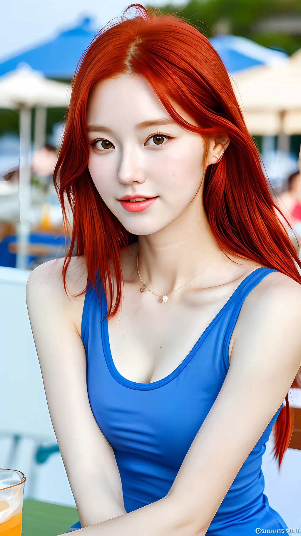 realistic photos of (1 cute Korean star) medium red hair, thin makeup, medium breasts size, wearing tank top, sitting at the beach bar, clear facial features of Canon EOS, 16K high resolution, sharp and realistic details.