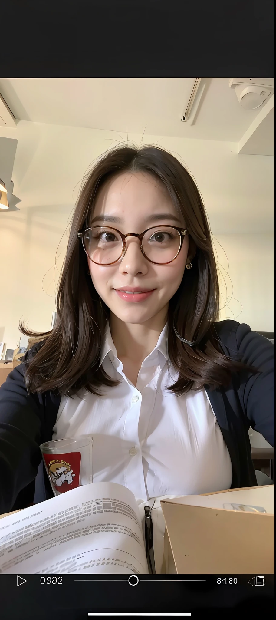 arafed woman wearing glasses and a white shirt is taking a selfie, with glasses, with glasses on, 8k selfie photograph, wearing glasses, a hyperrealistic schoolgirl, korean girl, spectacled, young cute wan asian face, realistic schoolgirl, thick glasses, hyperrealistic schoolgirl, with square glasses, 18 years old, girl with glasses, (((((large breasts))))), smile