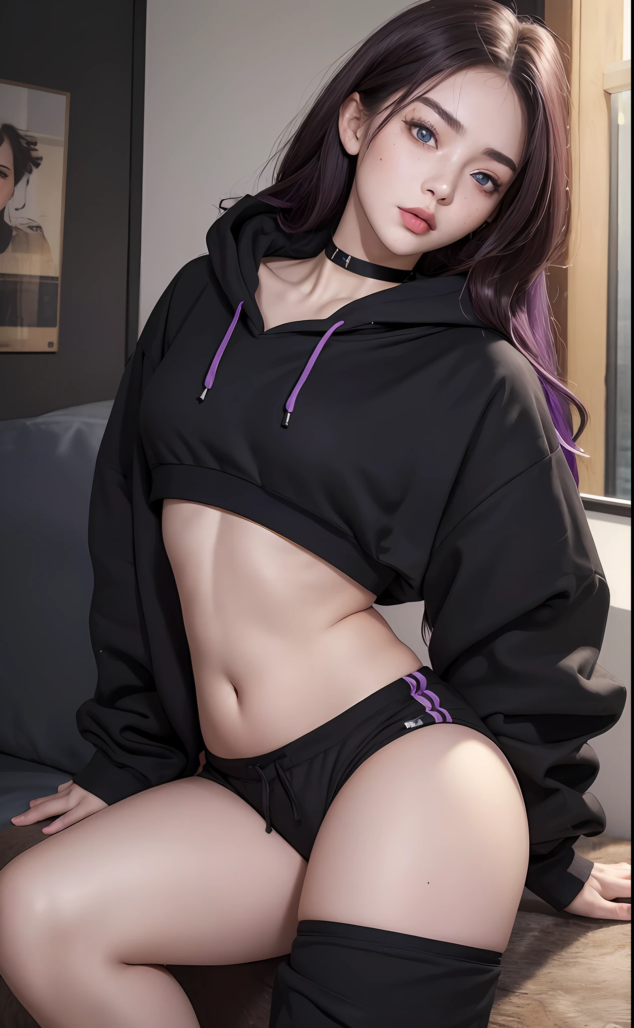 photorealistic, highres, best quality, masterpiece, upscaled, 8k, 1girl, purple wavy hair, snow skin chinese, heterochromia eyes, mole below one eye, thick eyebrows, freckles, open mouth, black choker, long hoody, shorts, visible navel, small waist, thick thighs, thigh gap