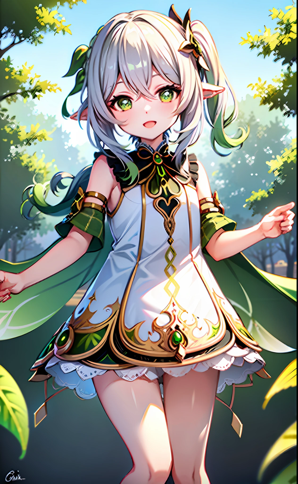 masterpiece, best quality, 1girl, solo, nahida_genshin, cruciform student, default_dress, green cloak, standing